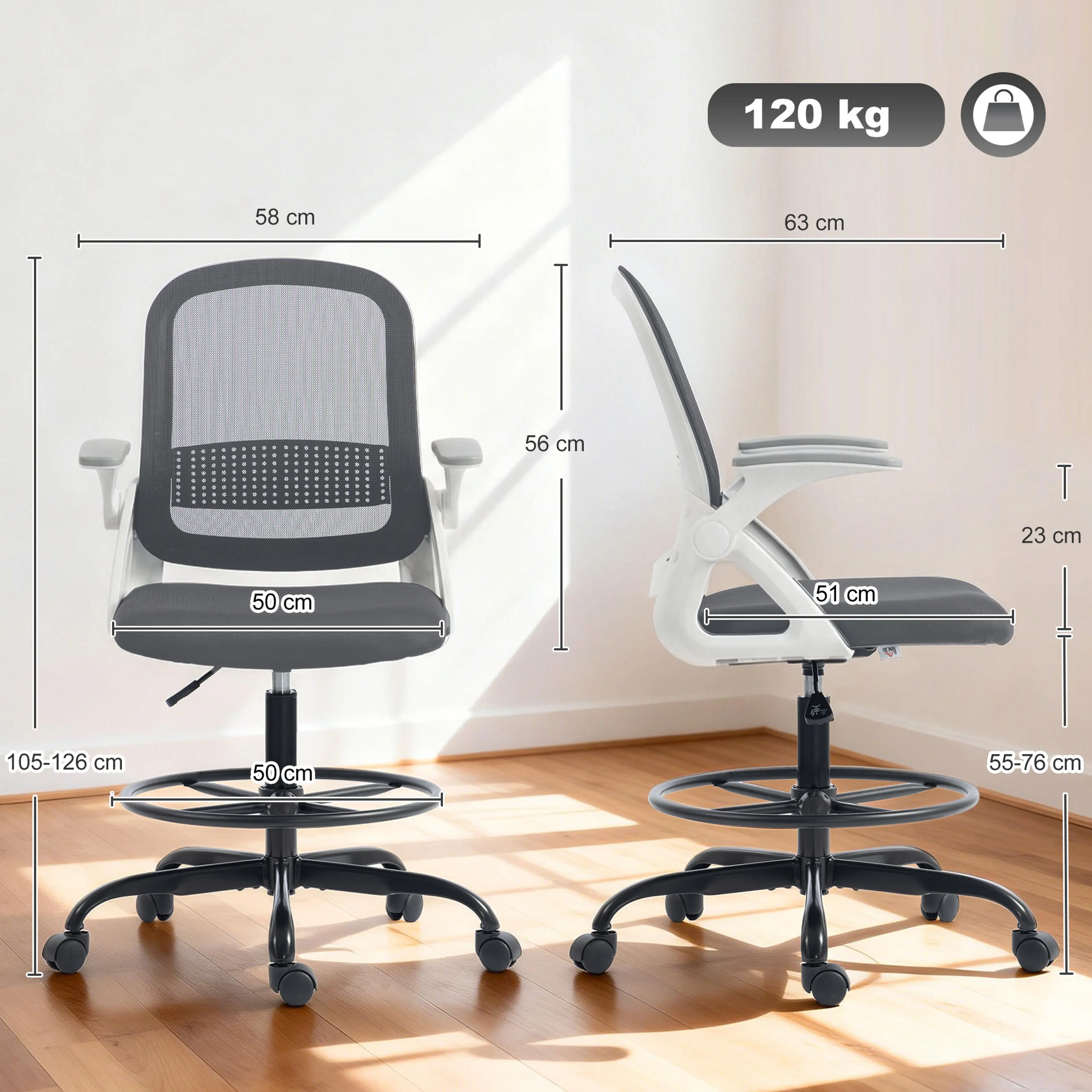 Måttskiss på ritstolen: 58 cm bred, 63 cm djup, 105–126 cm hög, sits 50 cm och sitthöjd 55–76 cm