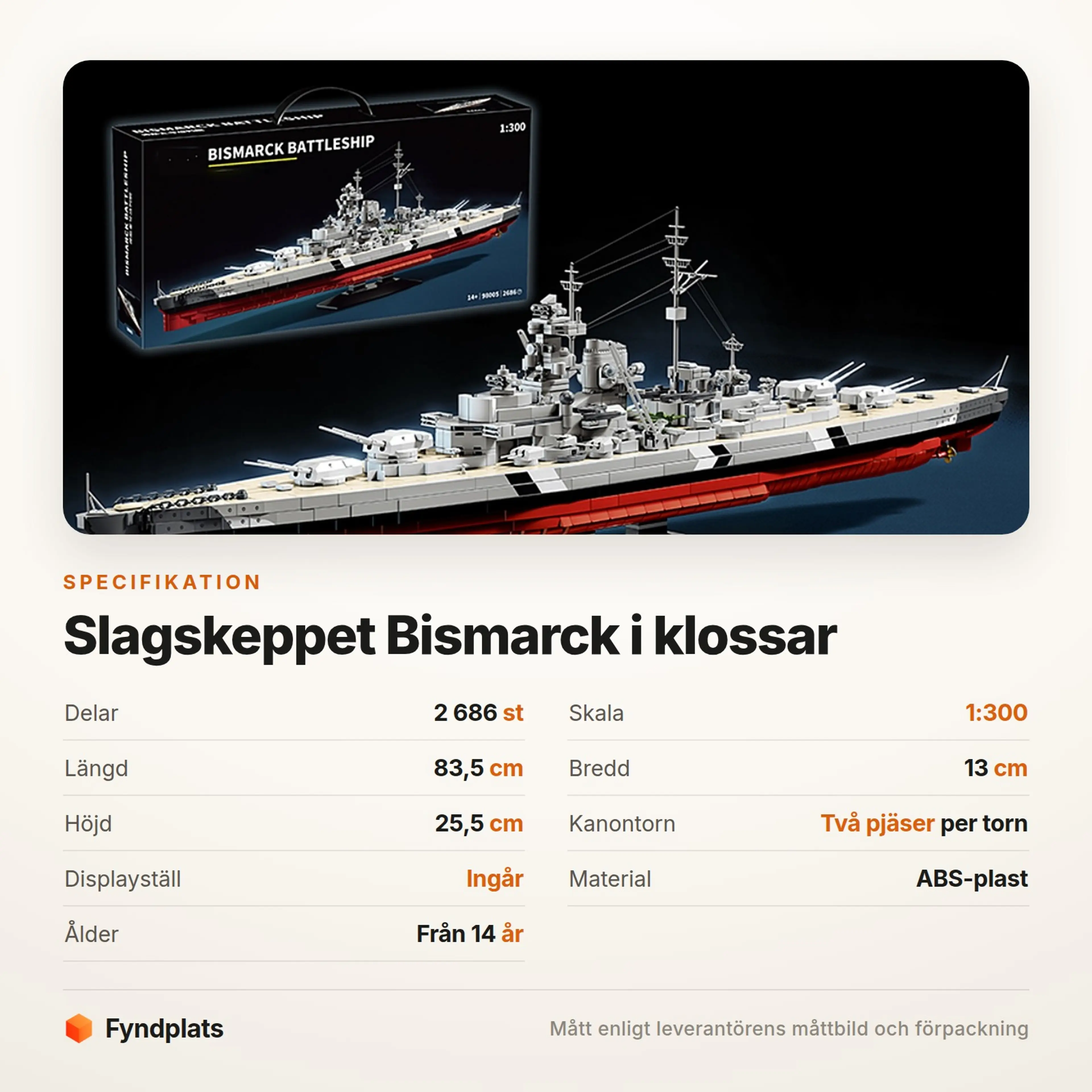 Fyndplats-kort med specifikationer: 2 686 delar, skala 1:300, 83,5 cm långt och displayställ ingår