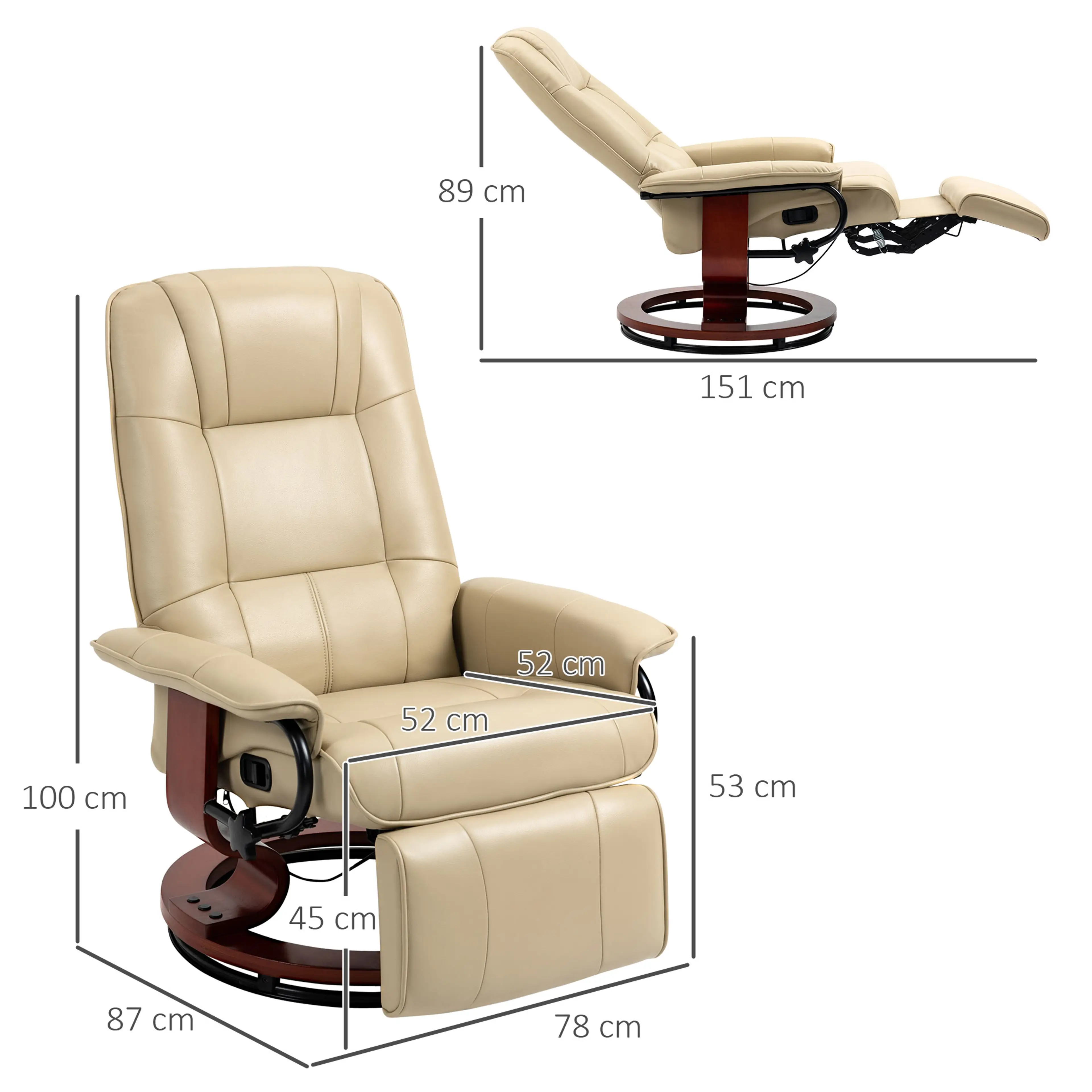 Fåtölj i konstläder med 360° vridfot, rygg till 145° i beige, måttskiss med mått i centimeter