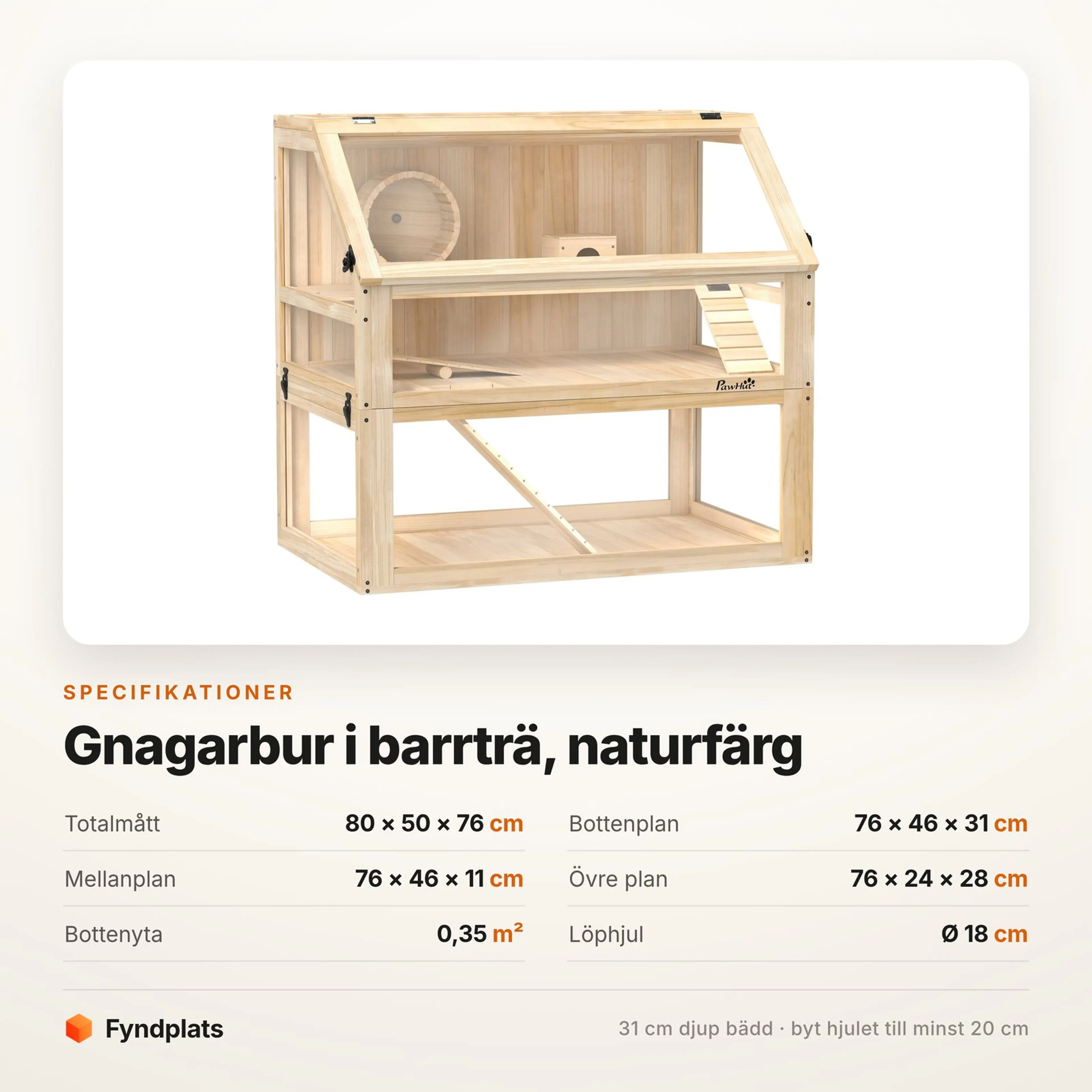 Hamsterbur i trä med 31 cm djup bädd och tre plan, naturfärg – bild 4