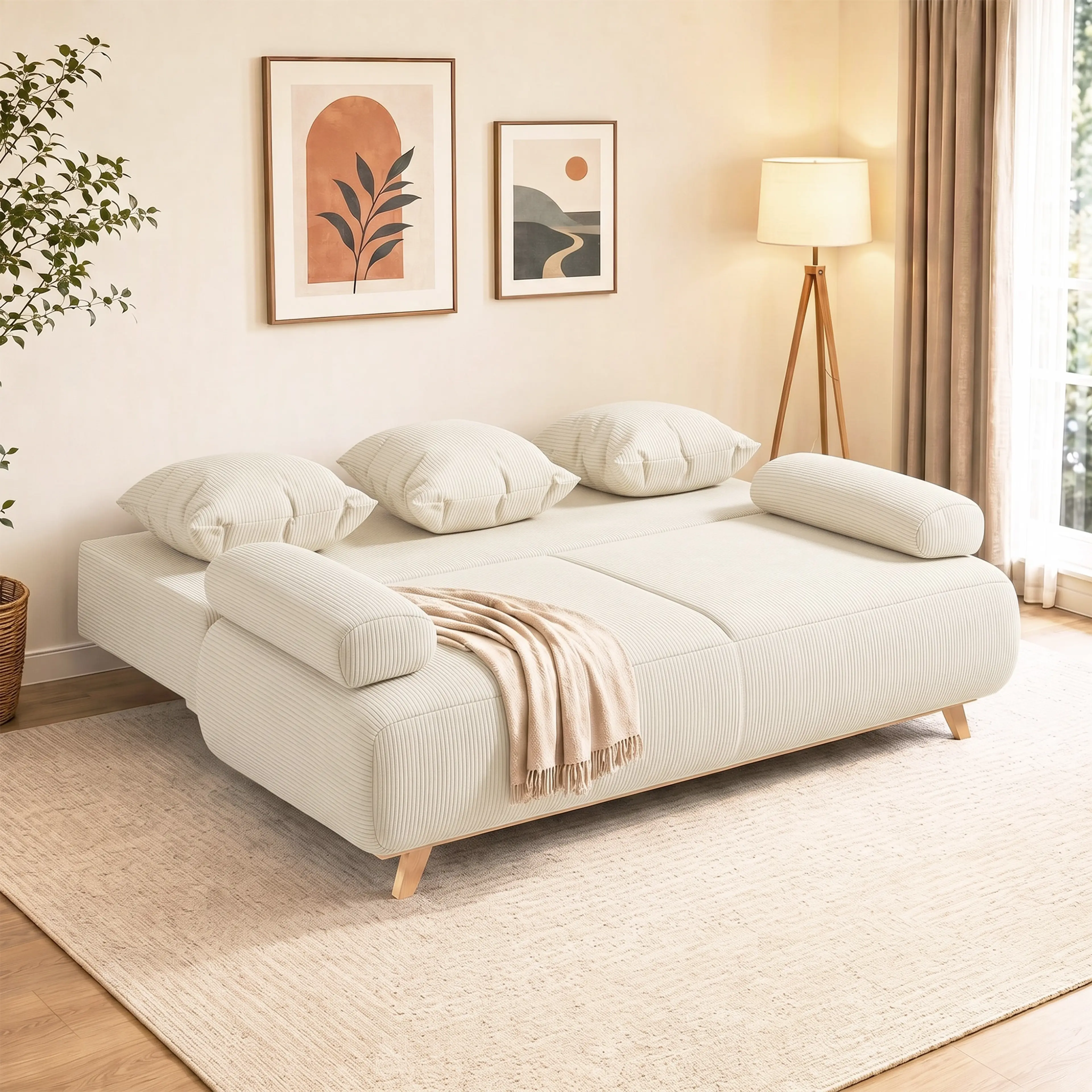 Bäddsoffan utfälld till dubbelsäng 188 × 140 cm med kuddar på bädden