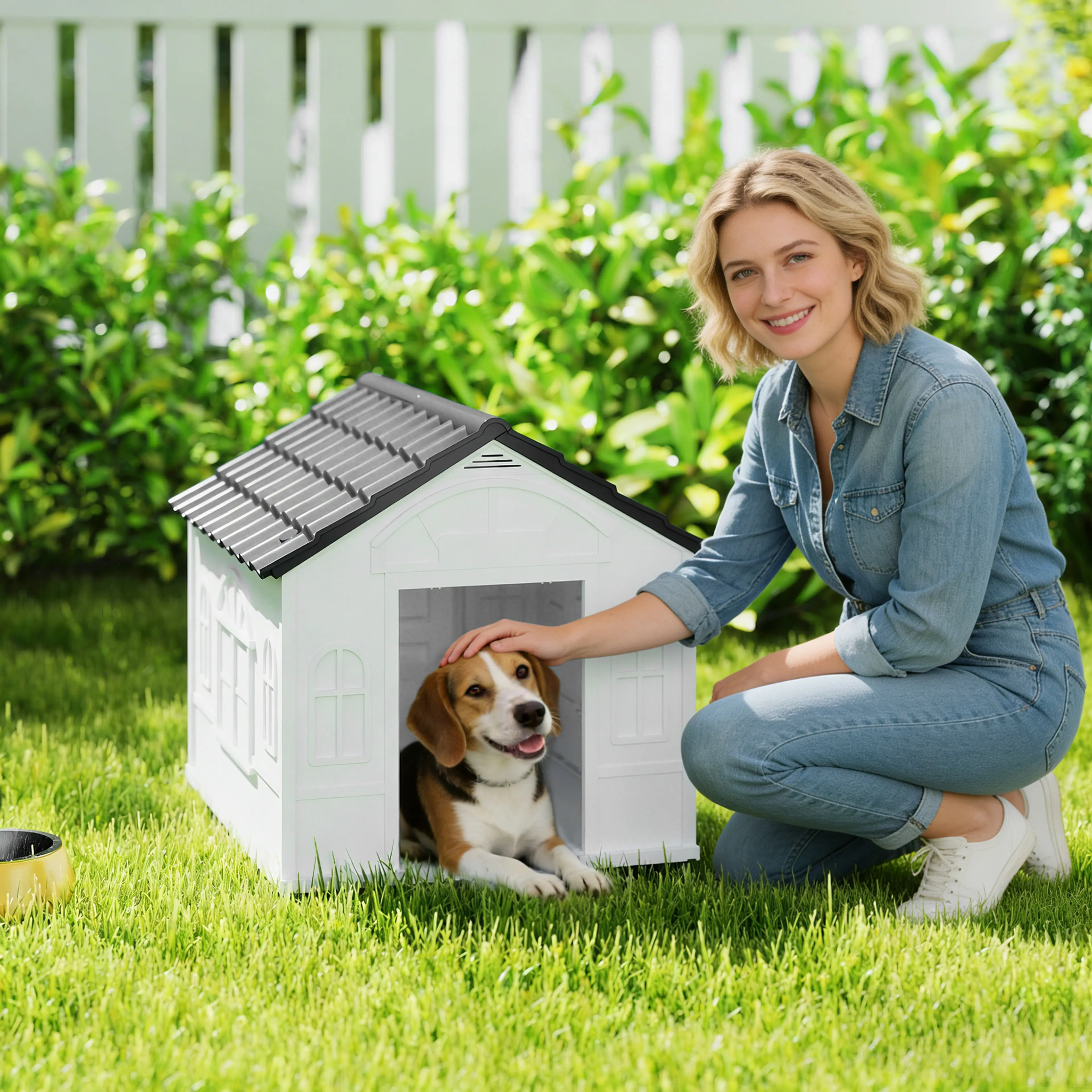 Grå hundkoja i plast på en gräsmatta med en liten hund i dörröppningen
