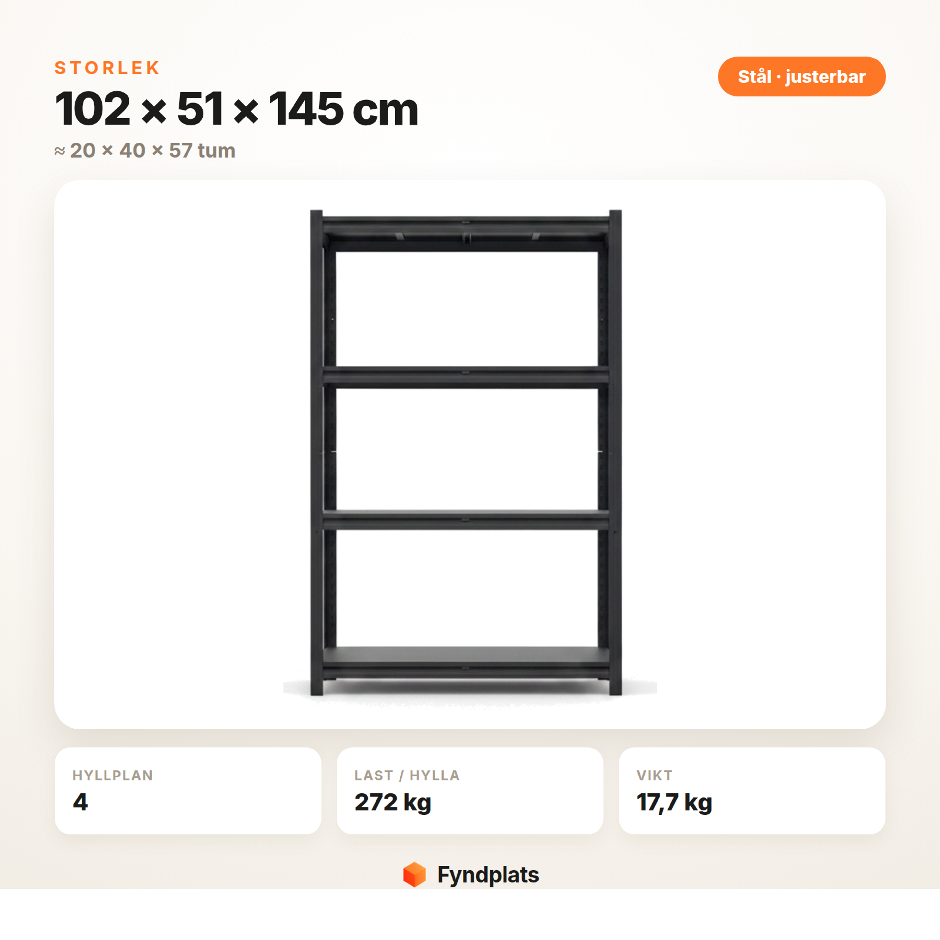 Garagehylla 51 × 102 × 145 cm med 4 hyllplan
