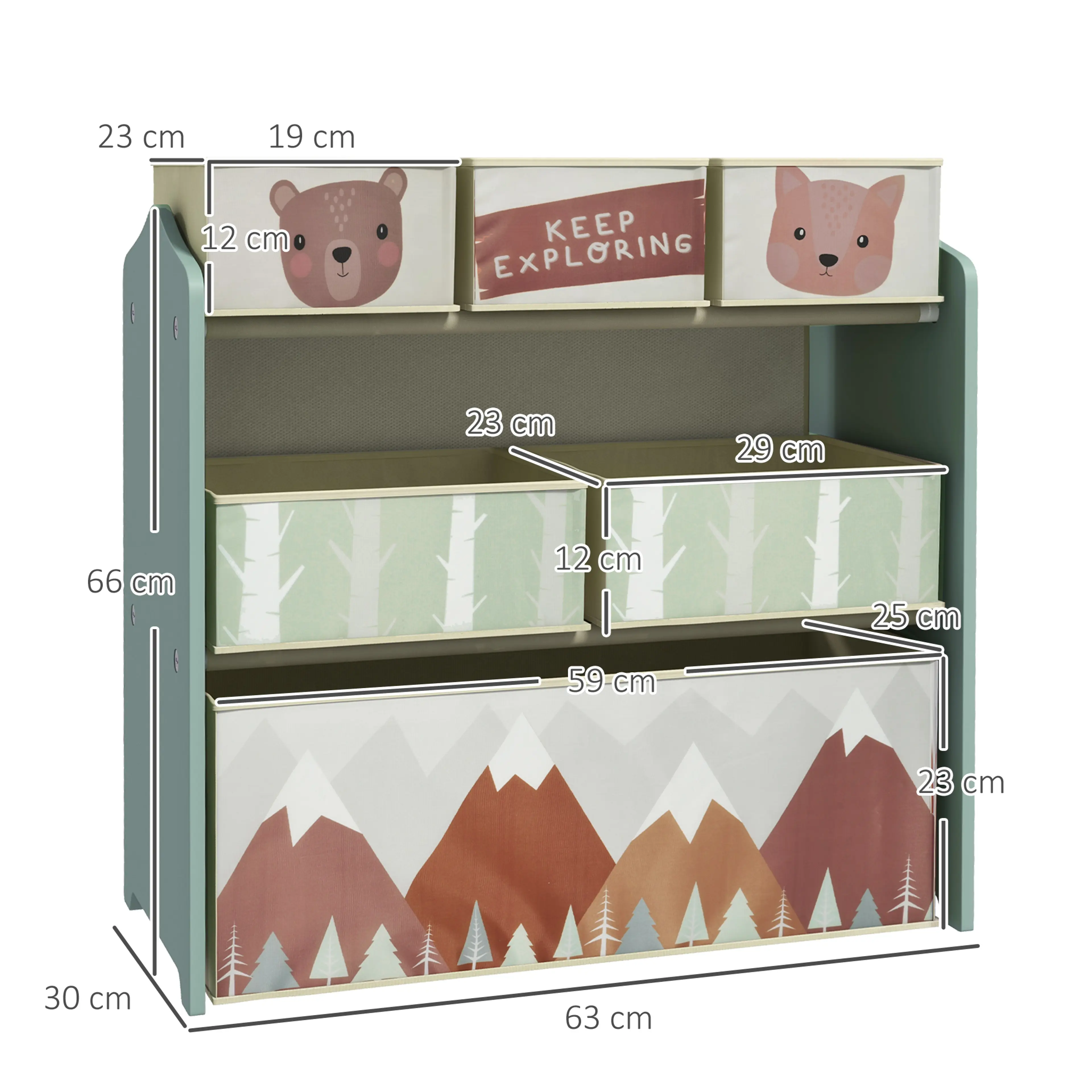 Måttbild med hyllans mått 63, 30 och 66 cm och boxarnas mått