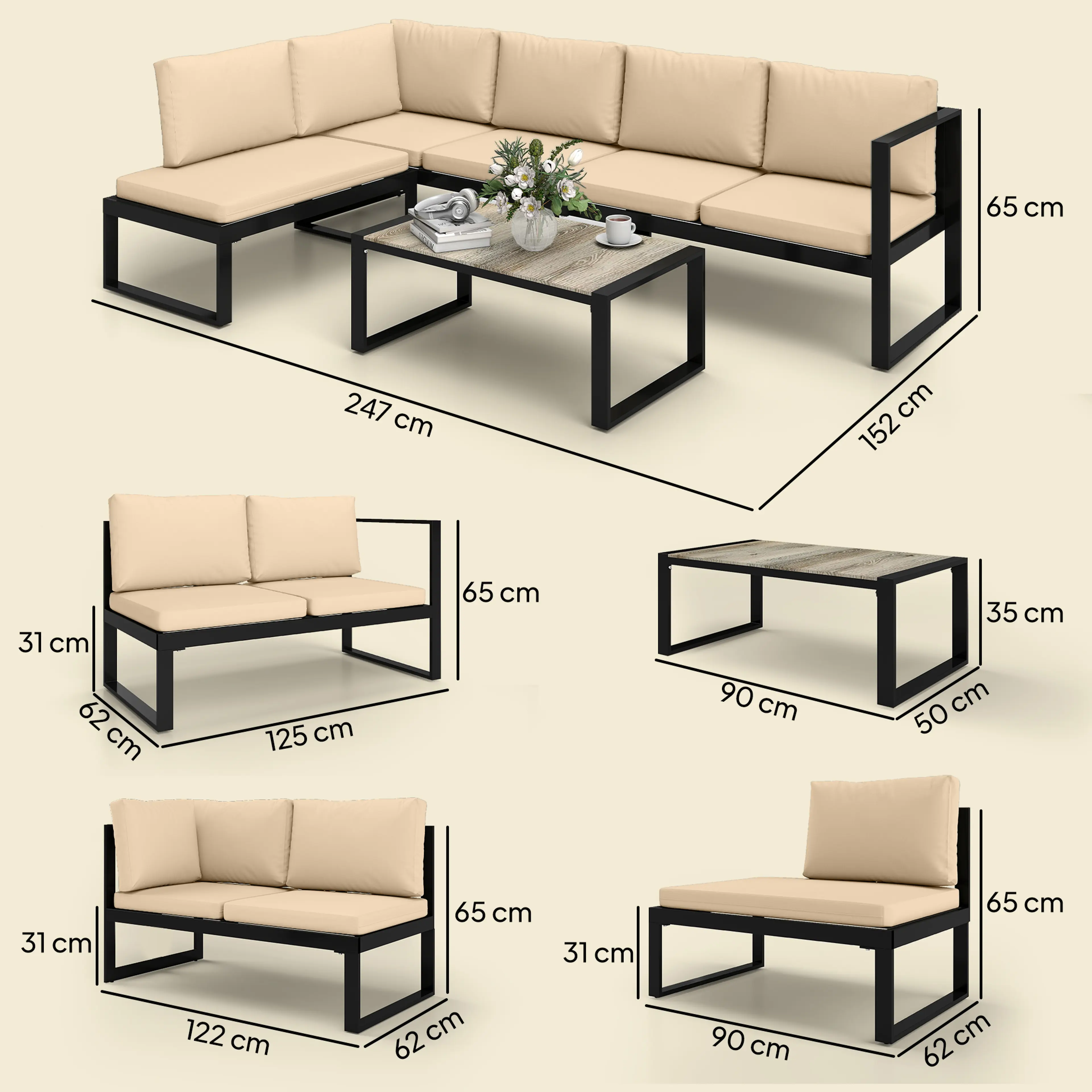 Måttskiss över modulerna: 247 × 152 cm totalt, 125 och 122 cm sektioner, bord 90 × 50 cm
