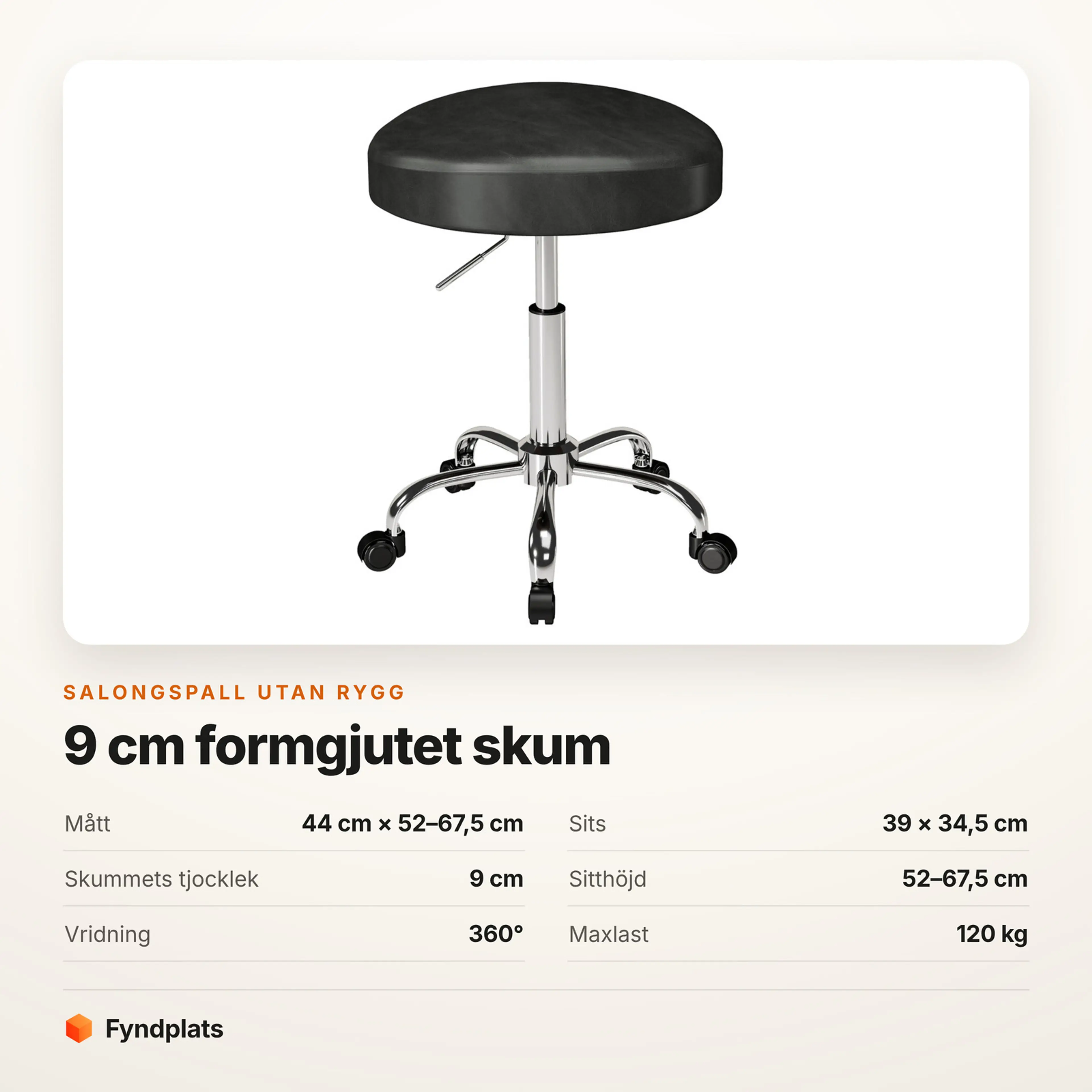 Faktakort från Fyndplats: salongspall utan rygg, mått och maxlast