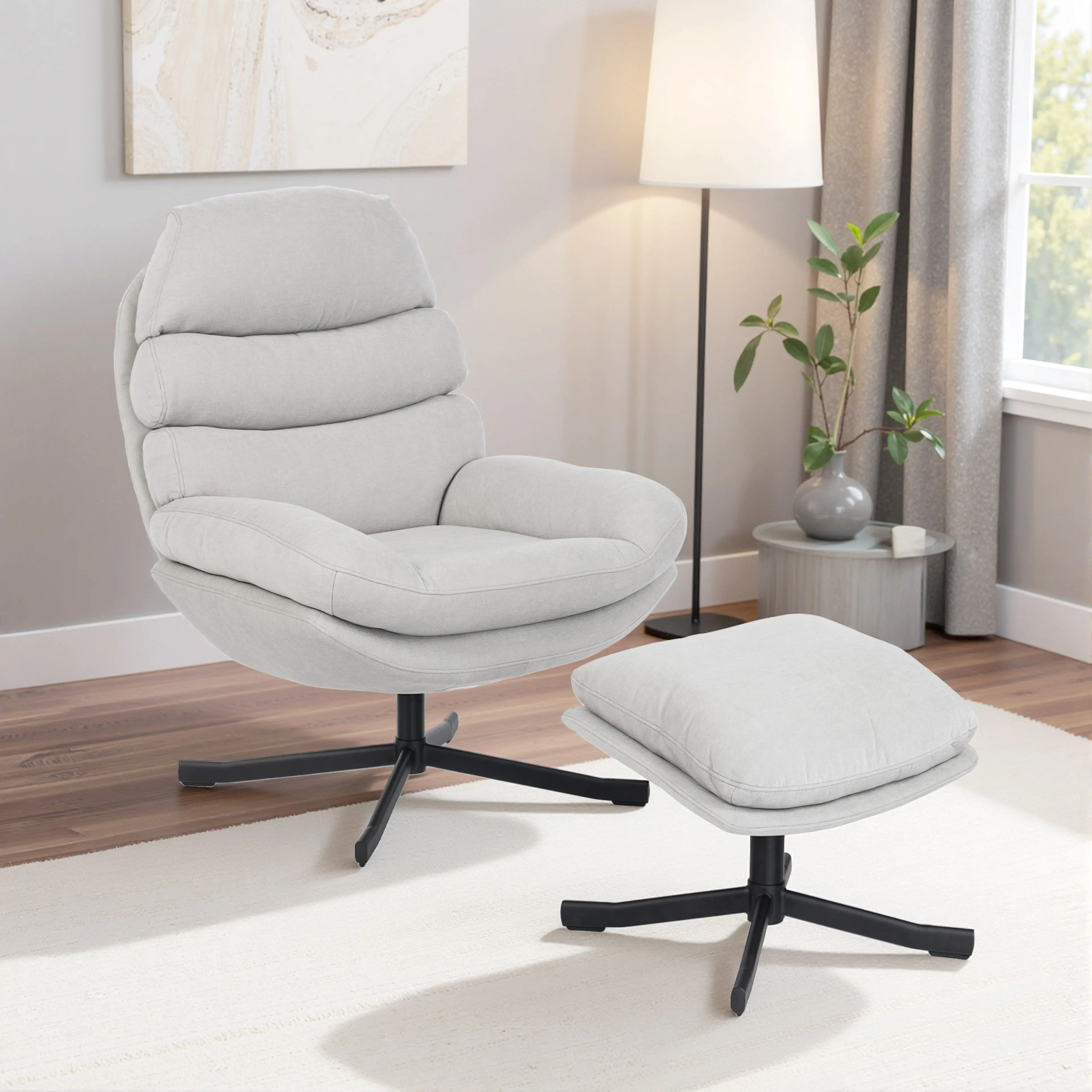 Loungefåtölj med fotpall i chenille, 360° snurrfot – ljusgrå – bild 5