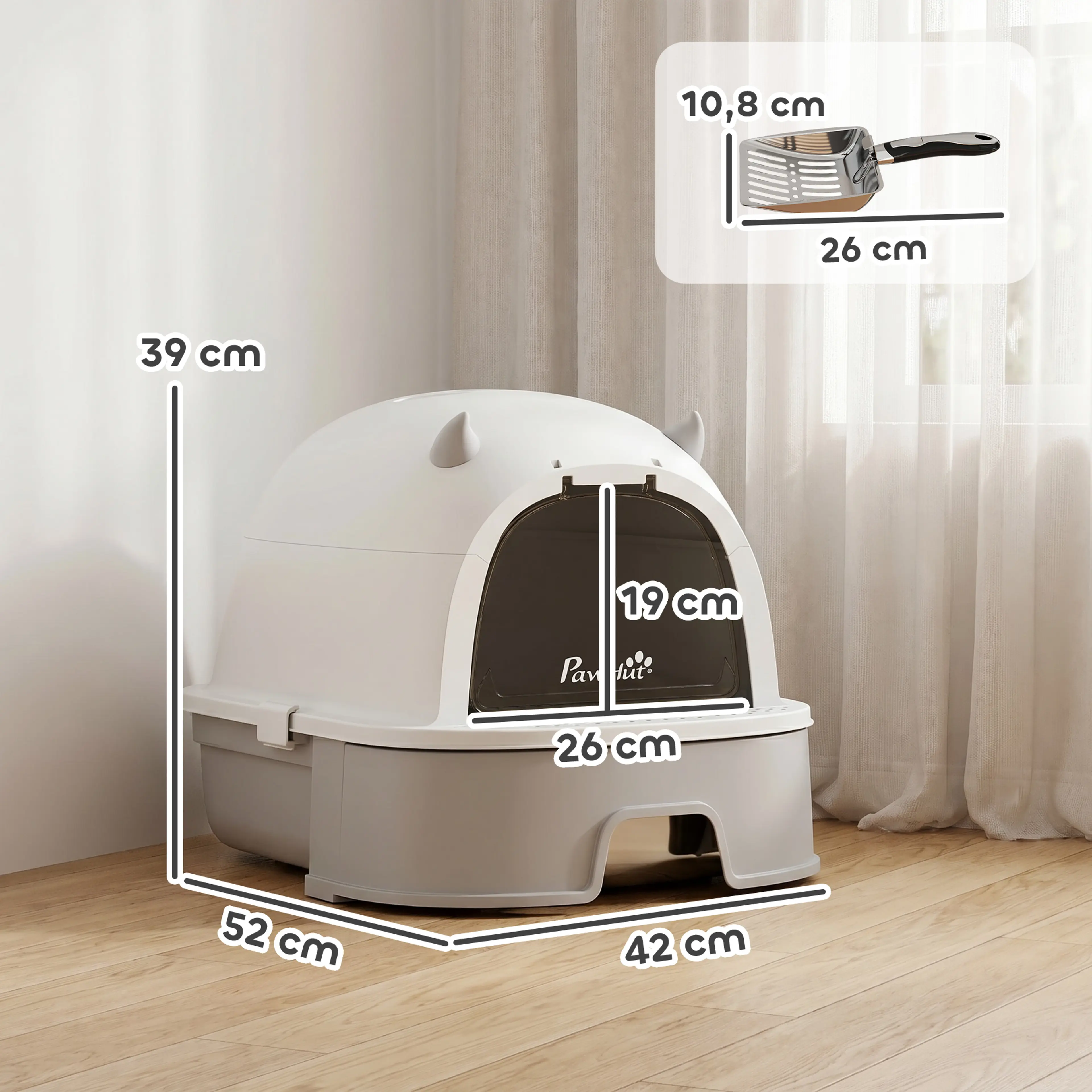 Måttskiss över kattlådan med 52 cm bredd, 42 cm djup, 39 cm höjd och öppning på 26 × 19 cm