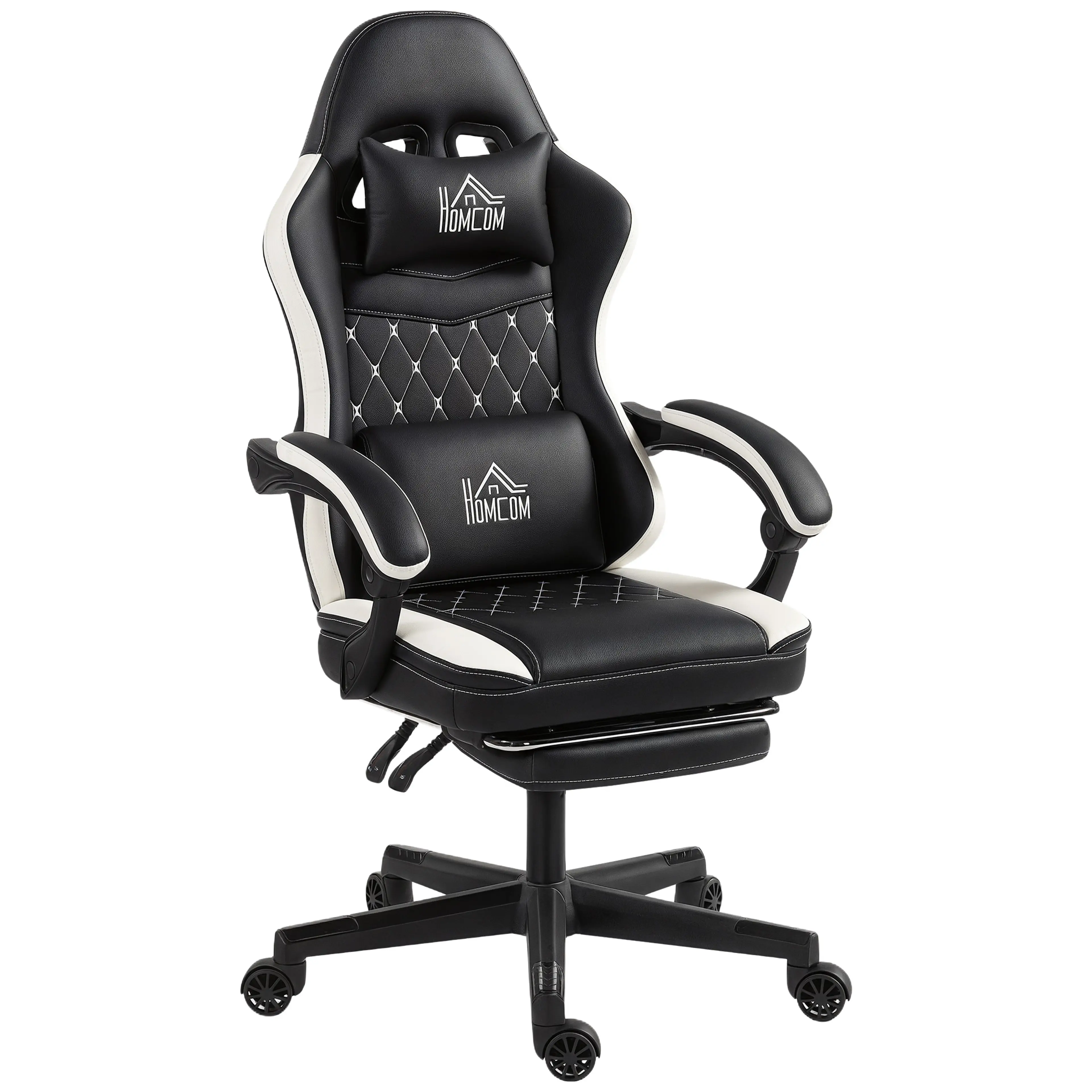 Svart och vit gamingstol med diamantsydd ländkudde och utdraget fotstöd, mot vit bakgrund
