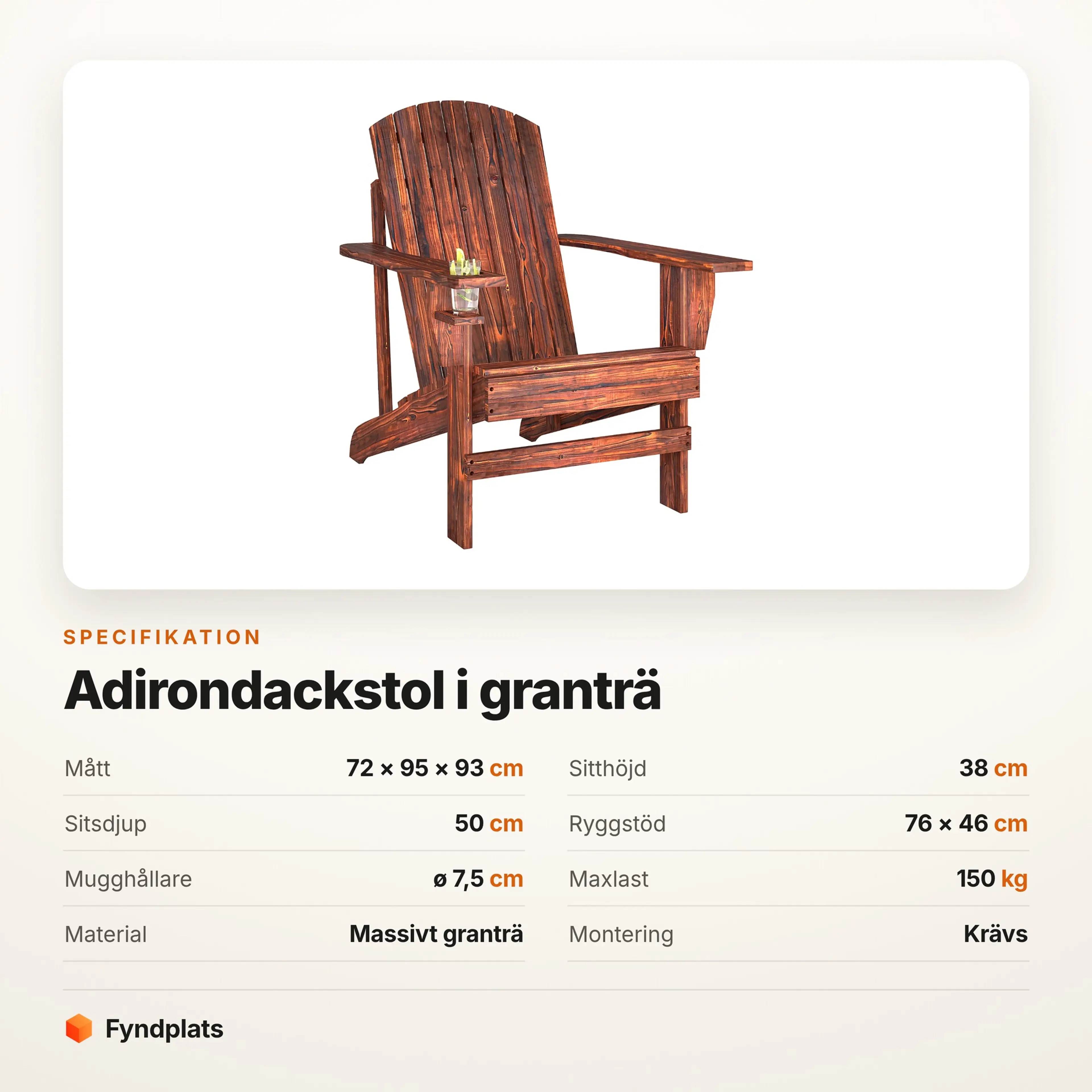 Specifikationskort med mått, maxlast och material