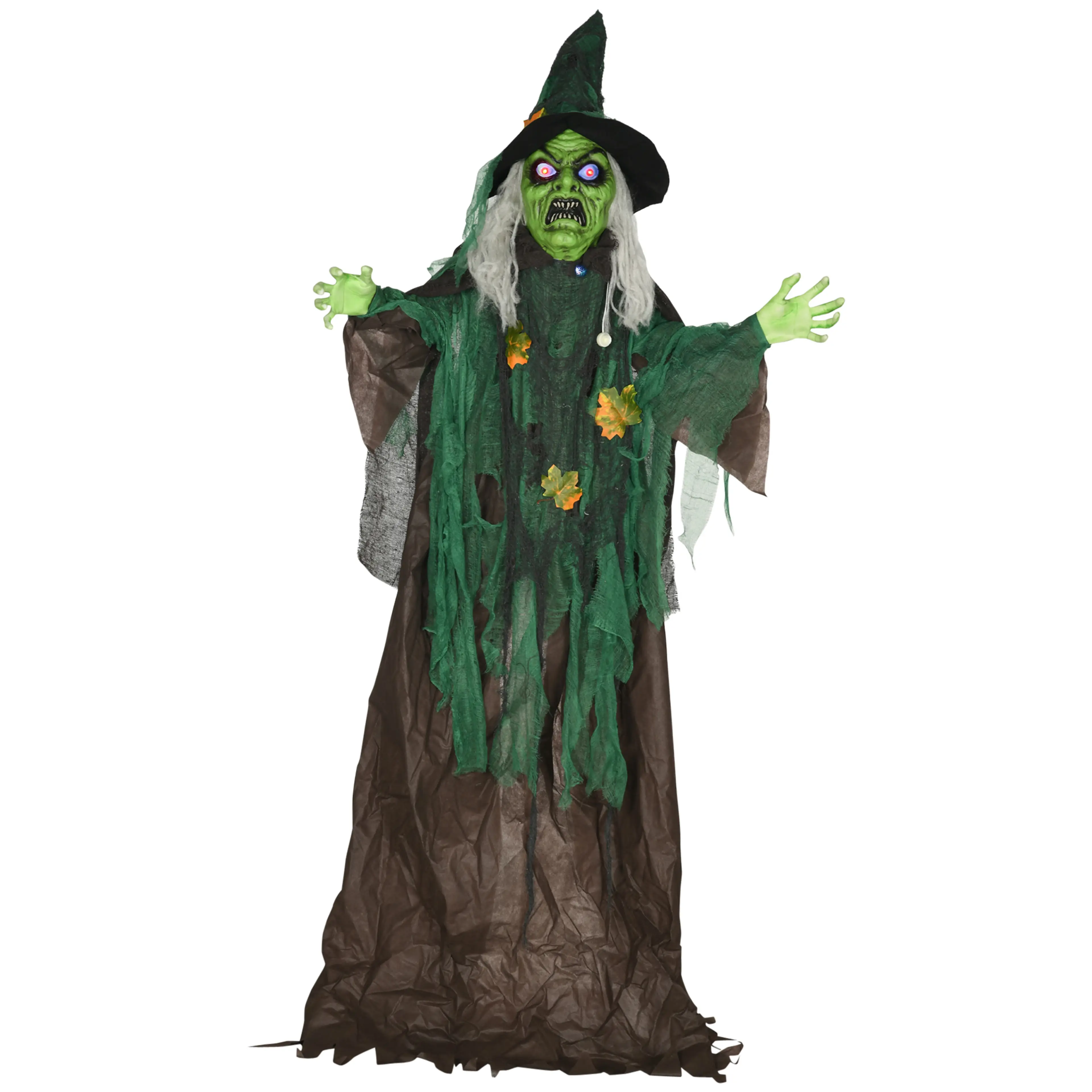 Halloweenhäxa 183 cm med grönt ansikte och grön klädnad