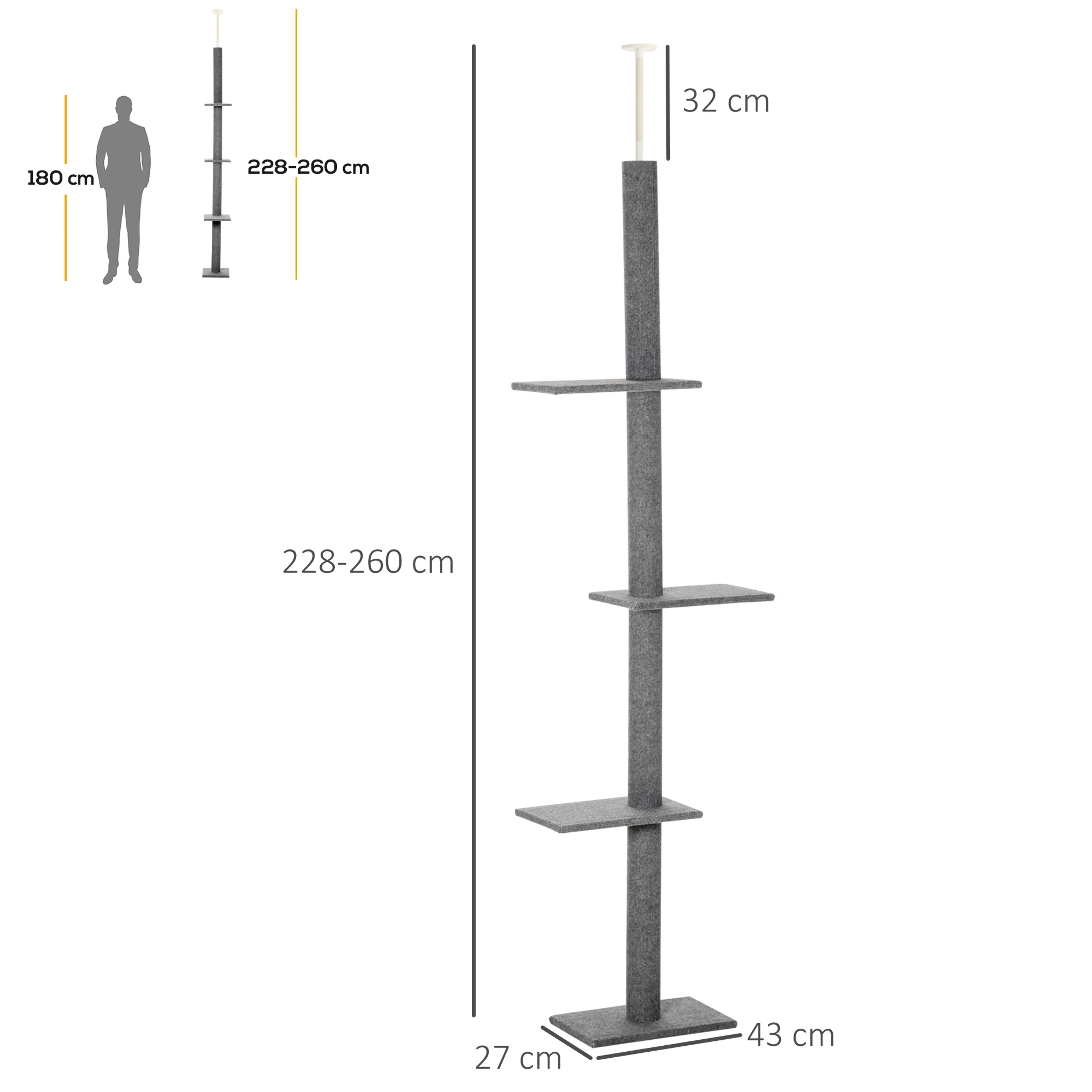 Måttskiss: 43 × 27 cm golvyta, 228–260 cm höjd och 32 cm justerbart spännrör, jämförd med en person på 180 cm