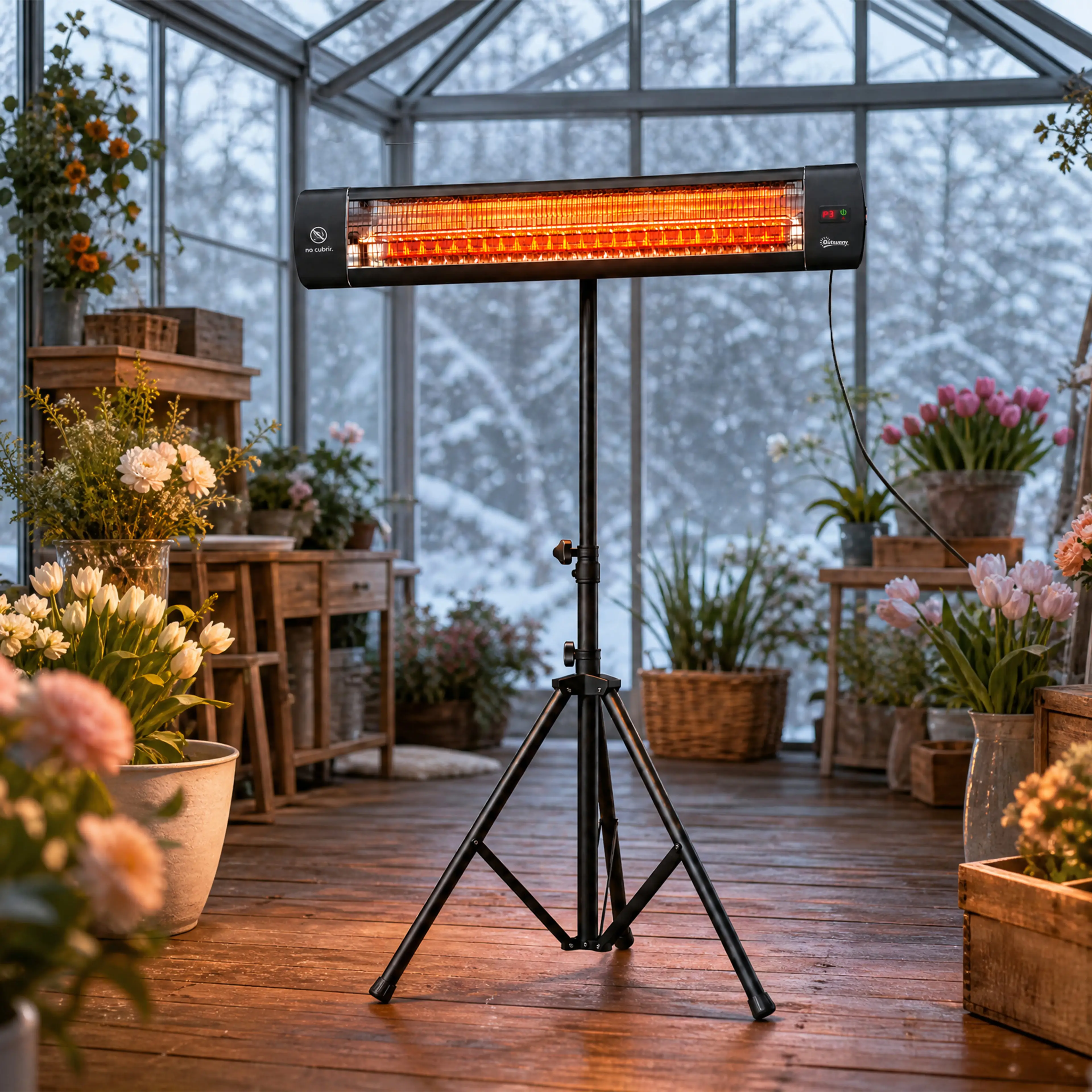 Samma terrassvärmare uppställd i ett växthus med blommande krukväxter och snö utanför