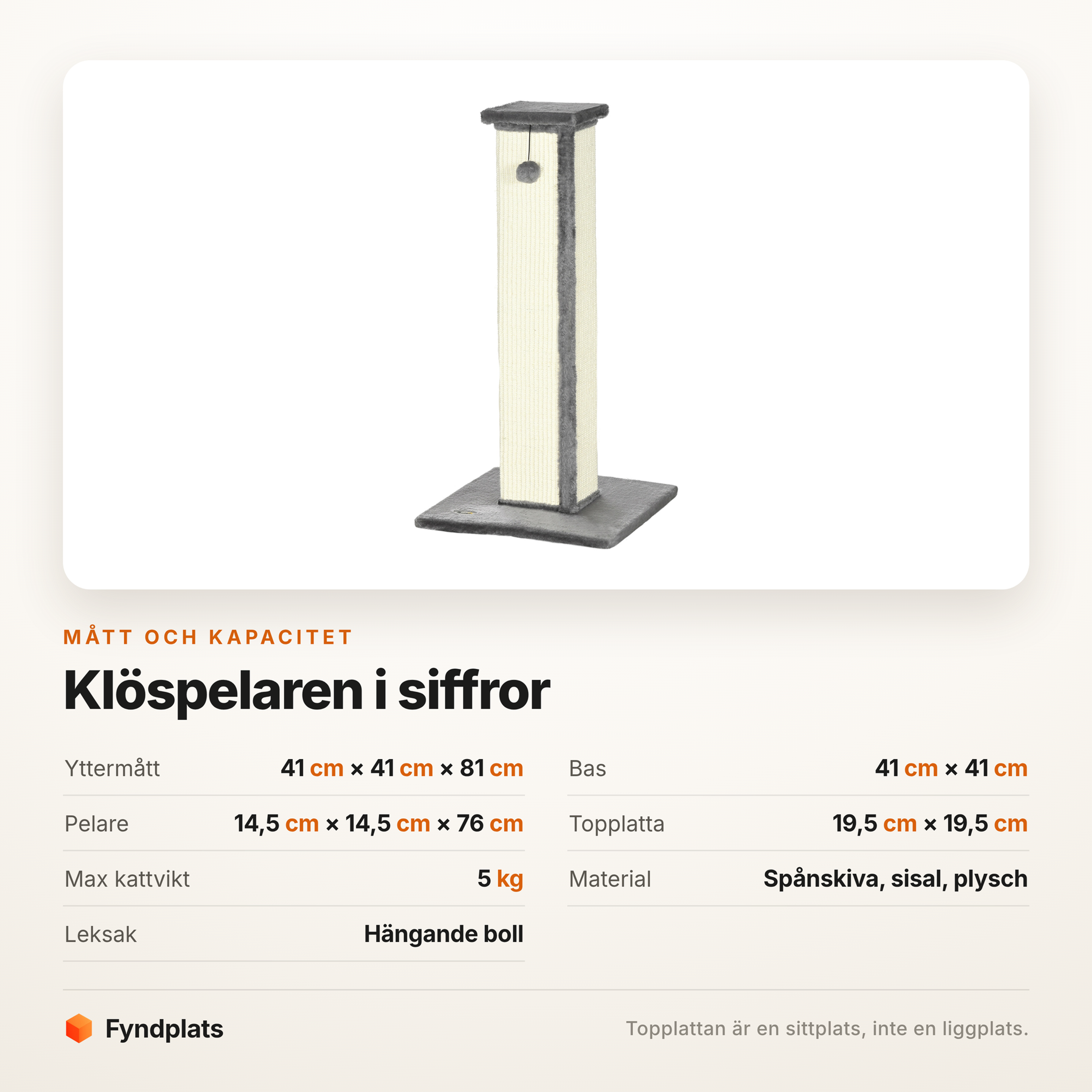 Specifikationstabell för klöspelaren: mått, material och max 5 kg