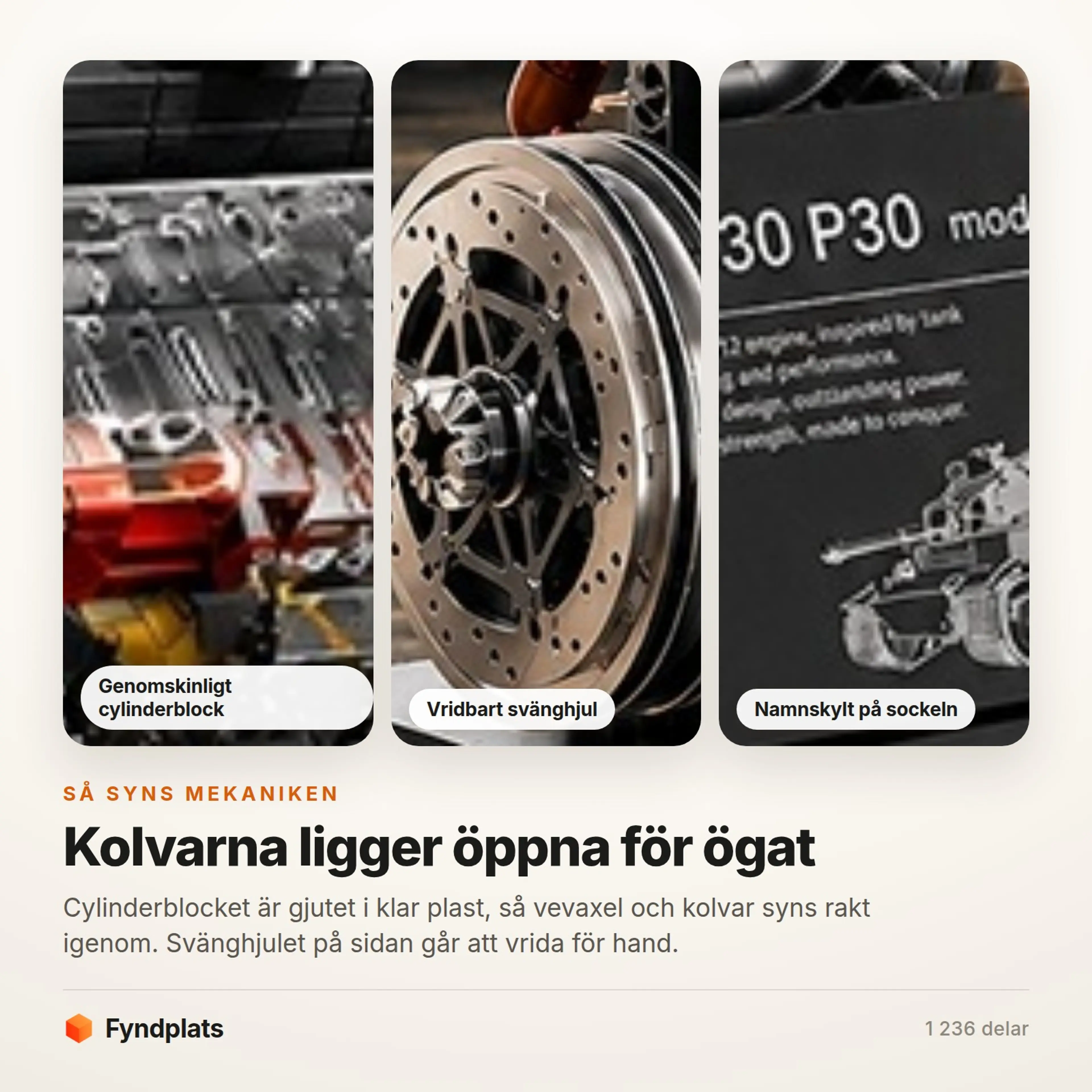 Fyndplats-kort: närbilder på det genomskinliga cylinderblocket, det vridbara svänghjulet och namnskylten