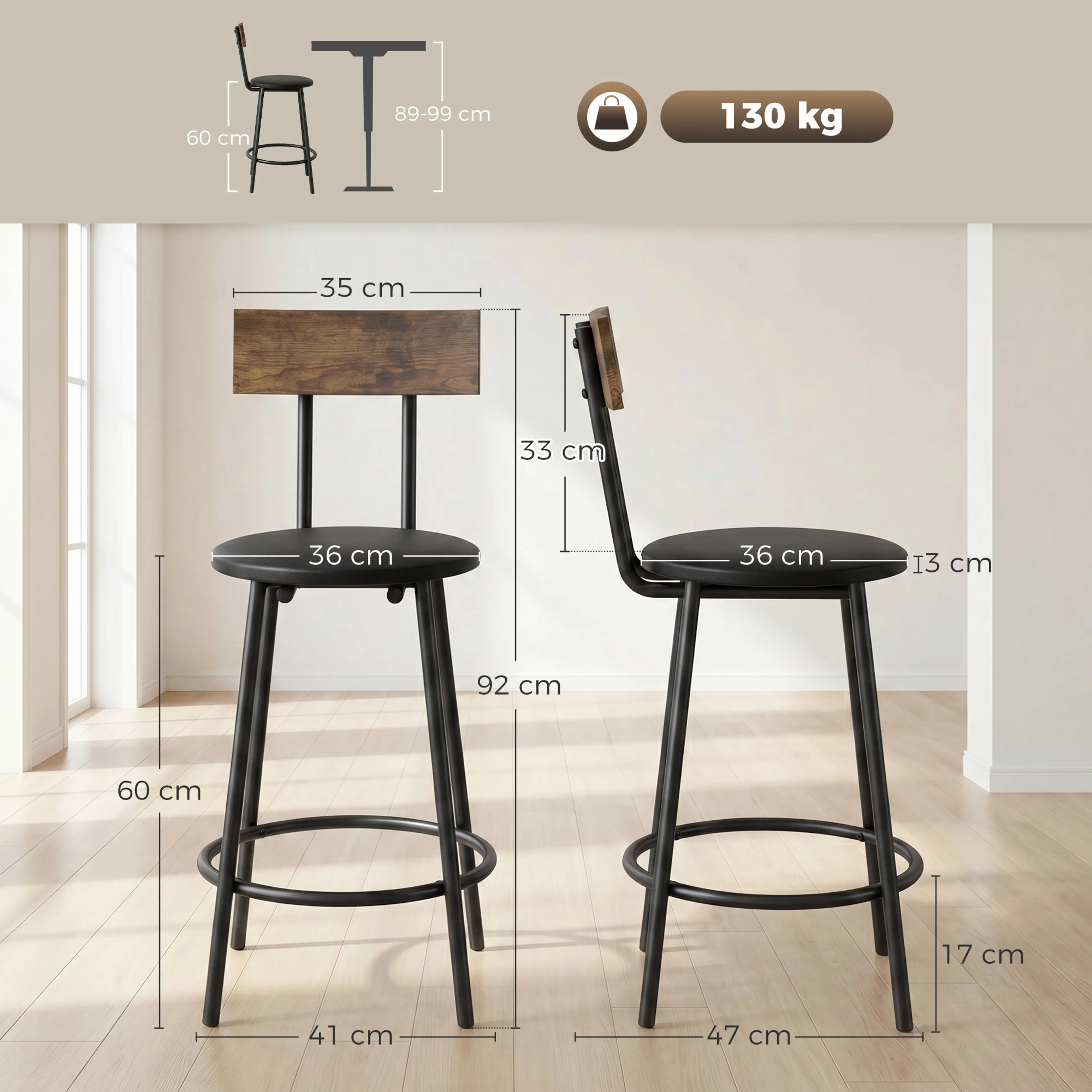 Måttskiss för barstol med ryggstöd: 41 × 47 × 92 cm, sitthöjd 60 cm och 130 kg maxbelastning