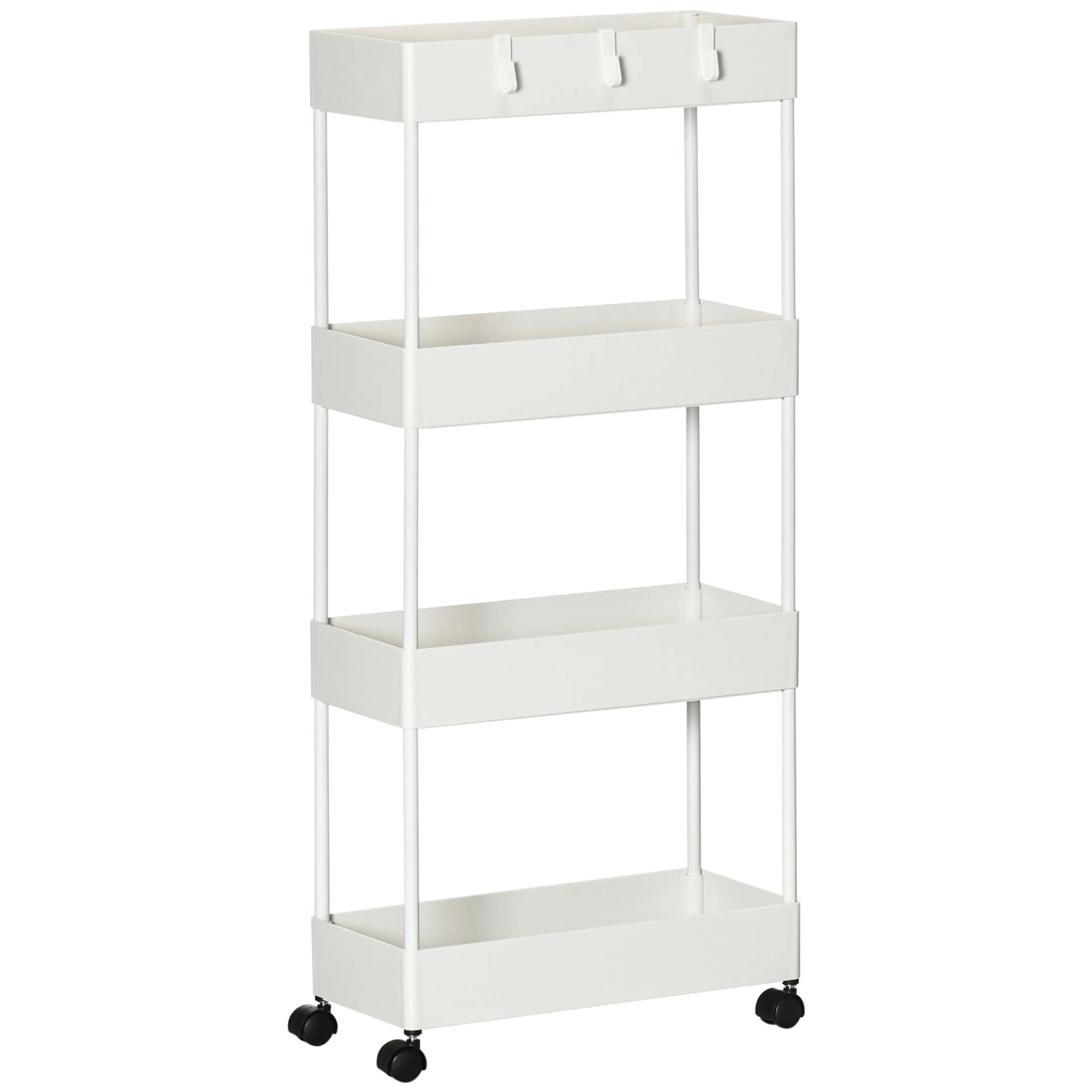 Smal rullvagn med fyra hyllplan och krokar – 40 × 19 × 90 cm, bär 12,3 kg