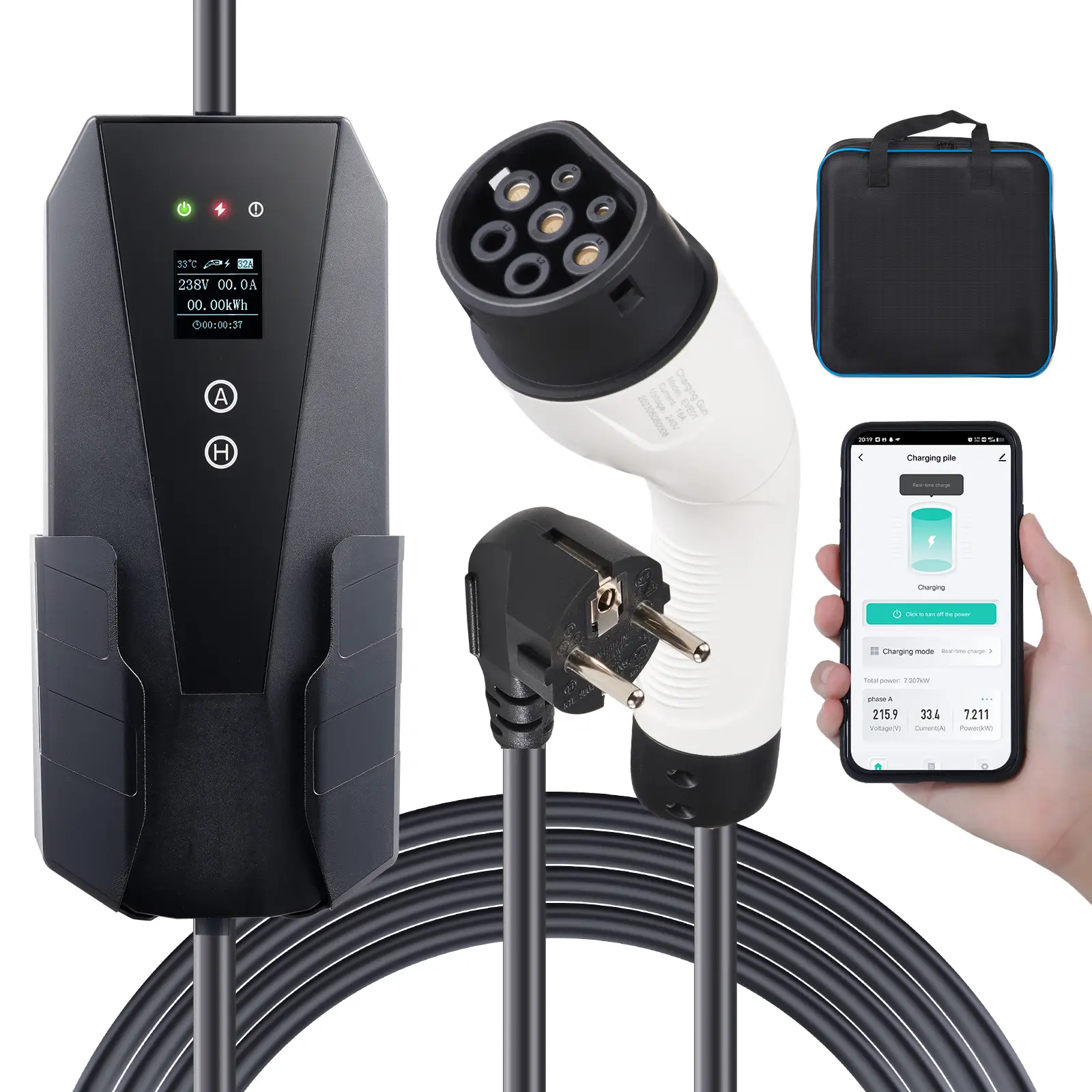 Portabel elbilsladdare Typ 2 – 16A, 3,68 kW, LCD och 7,5 m kabel