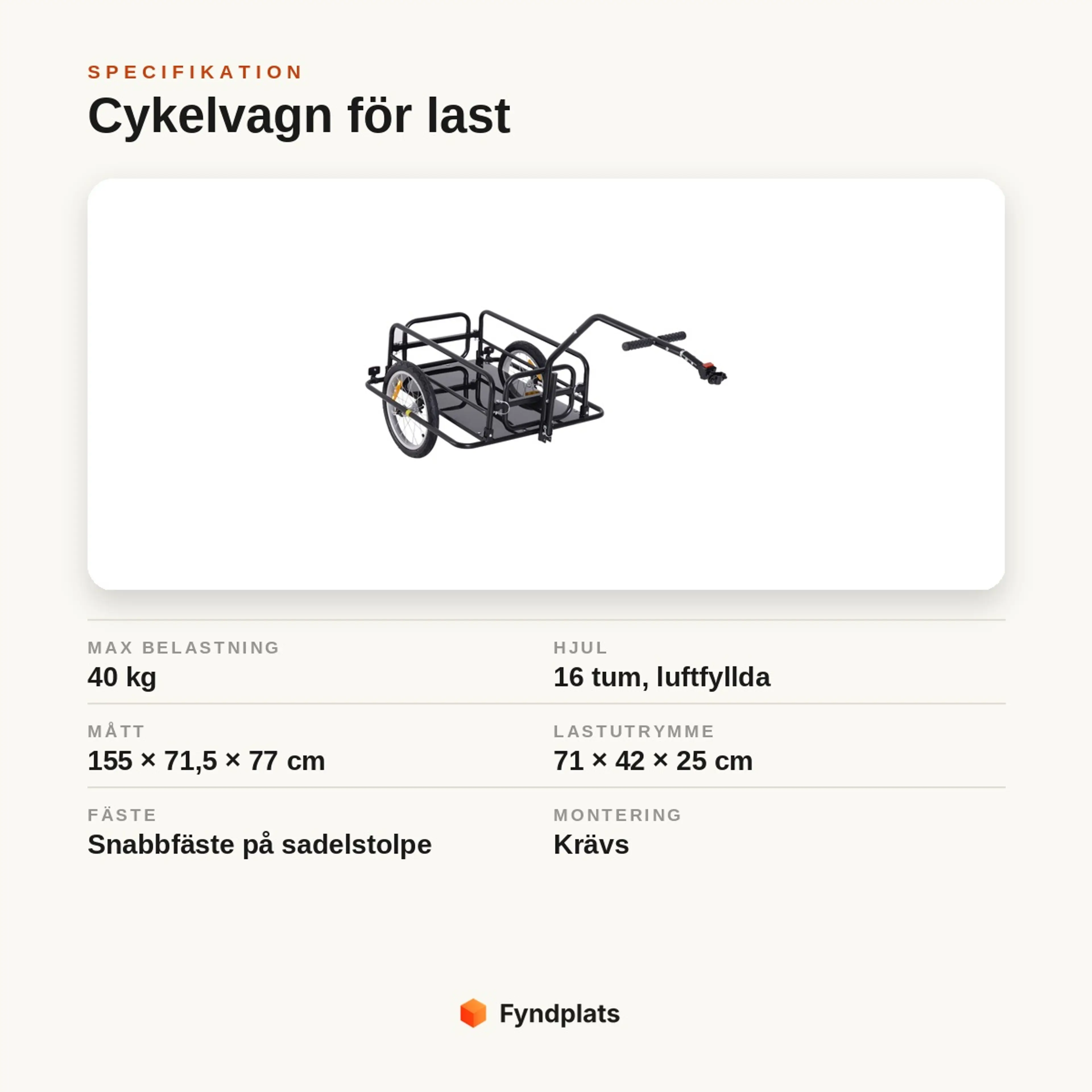 Specifikationskort: cykelvagn för last, max 40 kg, luftfyllda 16-tumshjul, mått 155 × 71,5 × 77 cm, snabbfäste