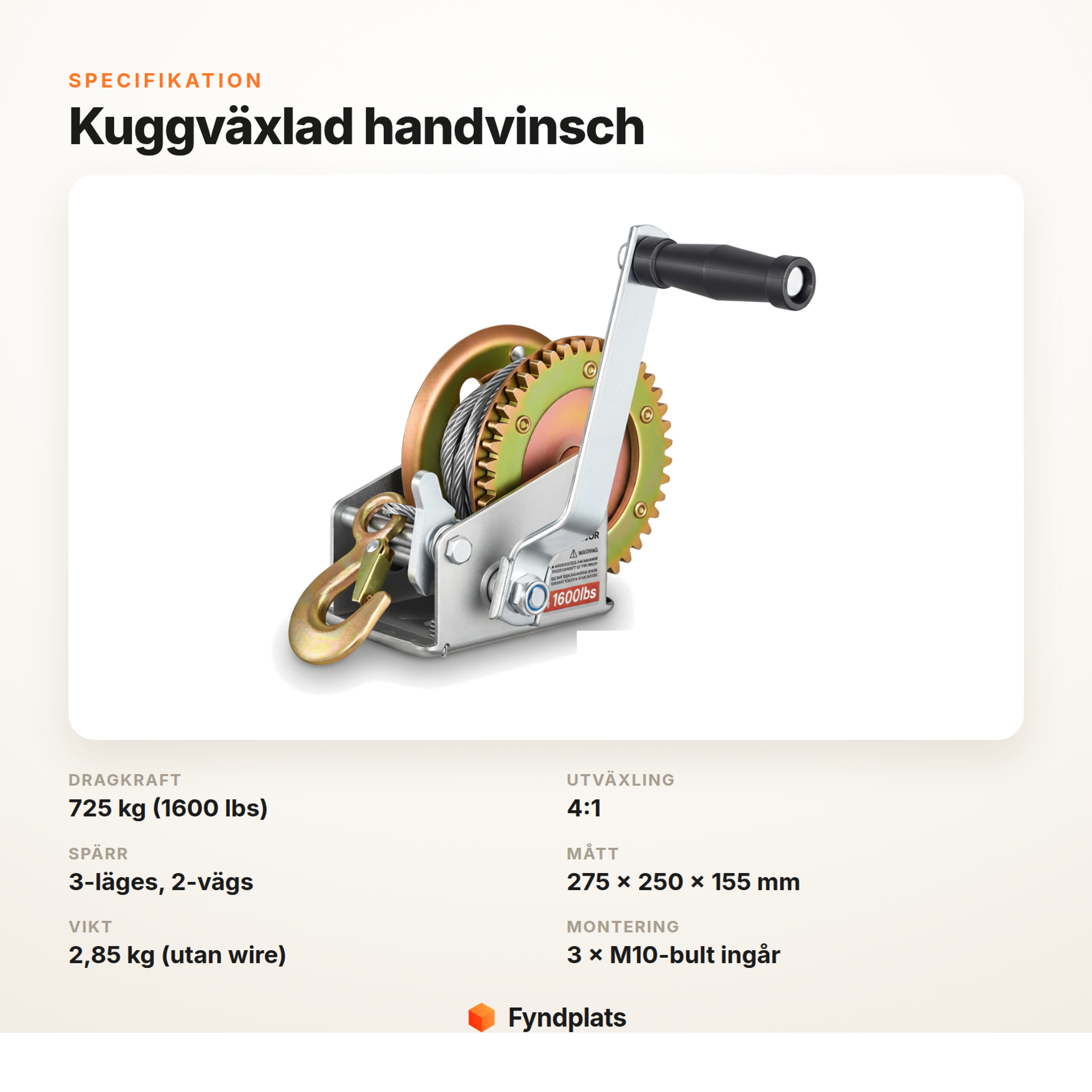 Specifikation för kuggväxlad handvinsch HW1200A
