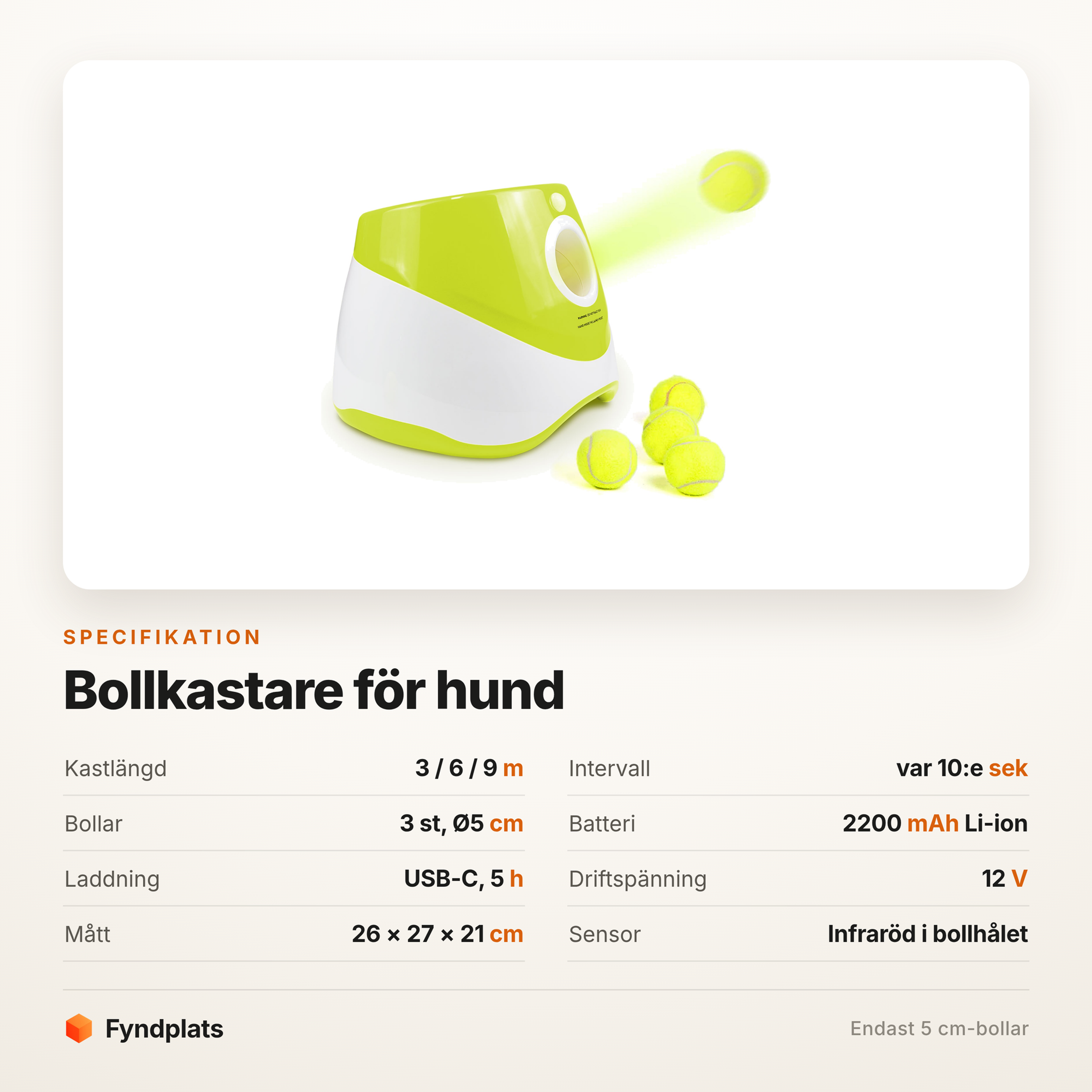 Specifikationer: 3/6/9 meters kastlängd, 2200 mAh-batteri och mått 26 × 27 × 21 cm