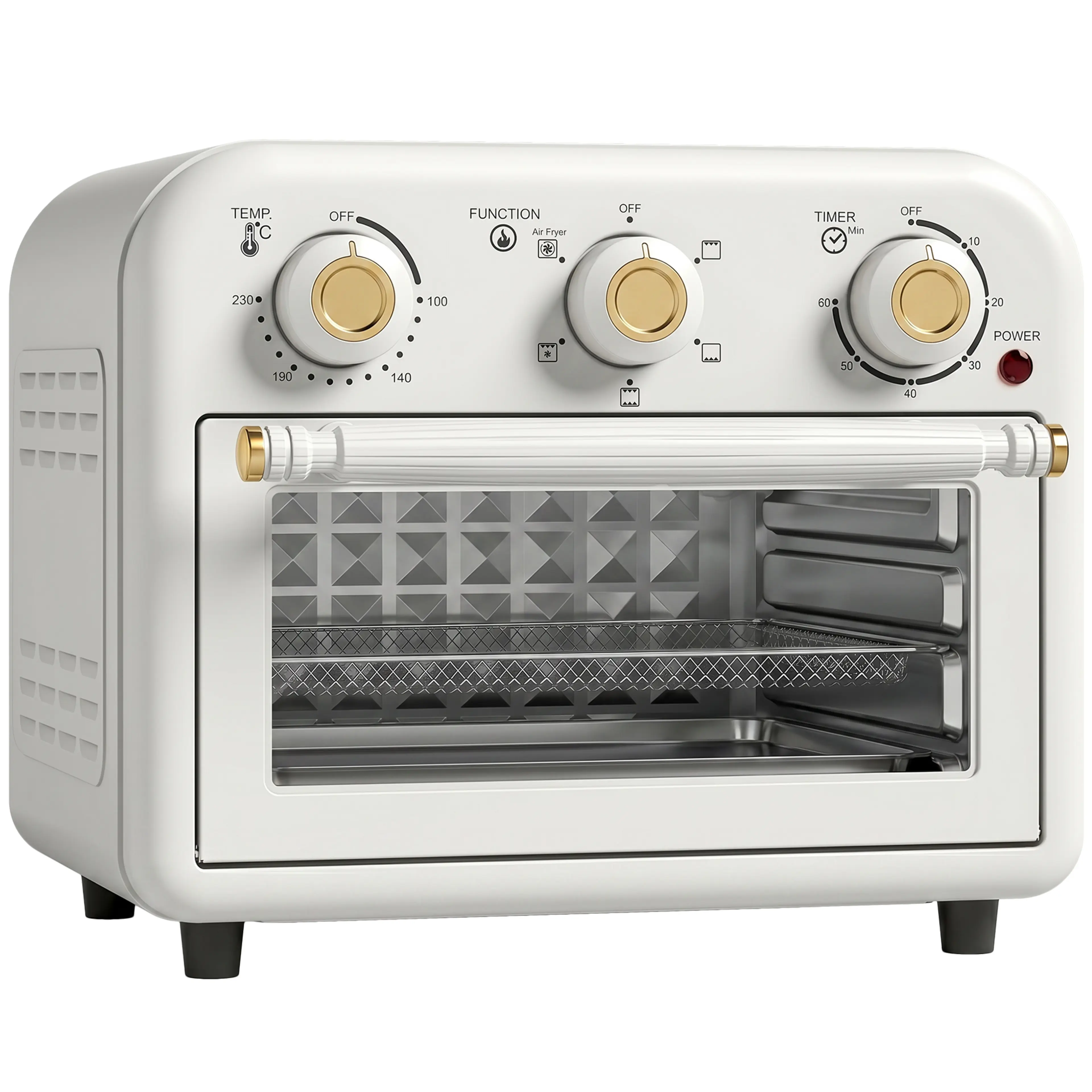 Airfryer-ugn i krämvitt med tre vred och handtag i guld, på vit bakgrund
