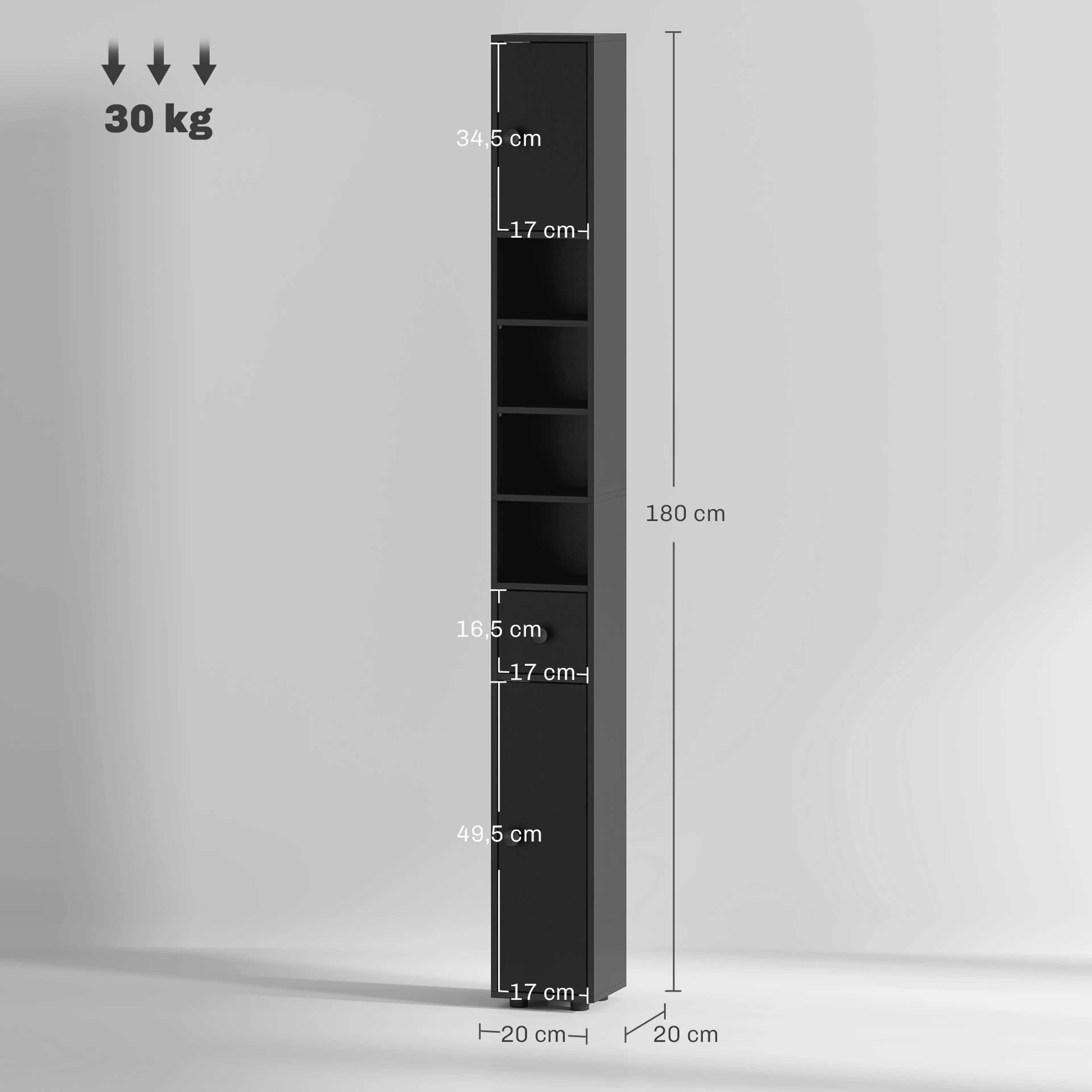 Smalt badrumsskåp 20 cm – högskåp 180 cm, svart – bild 7