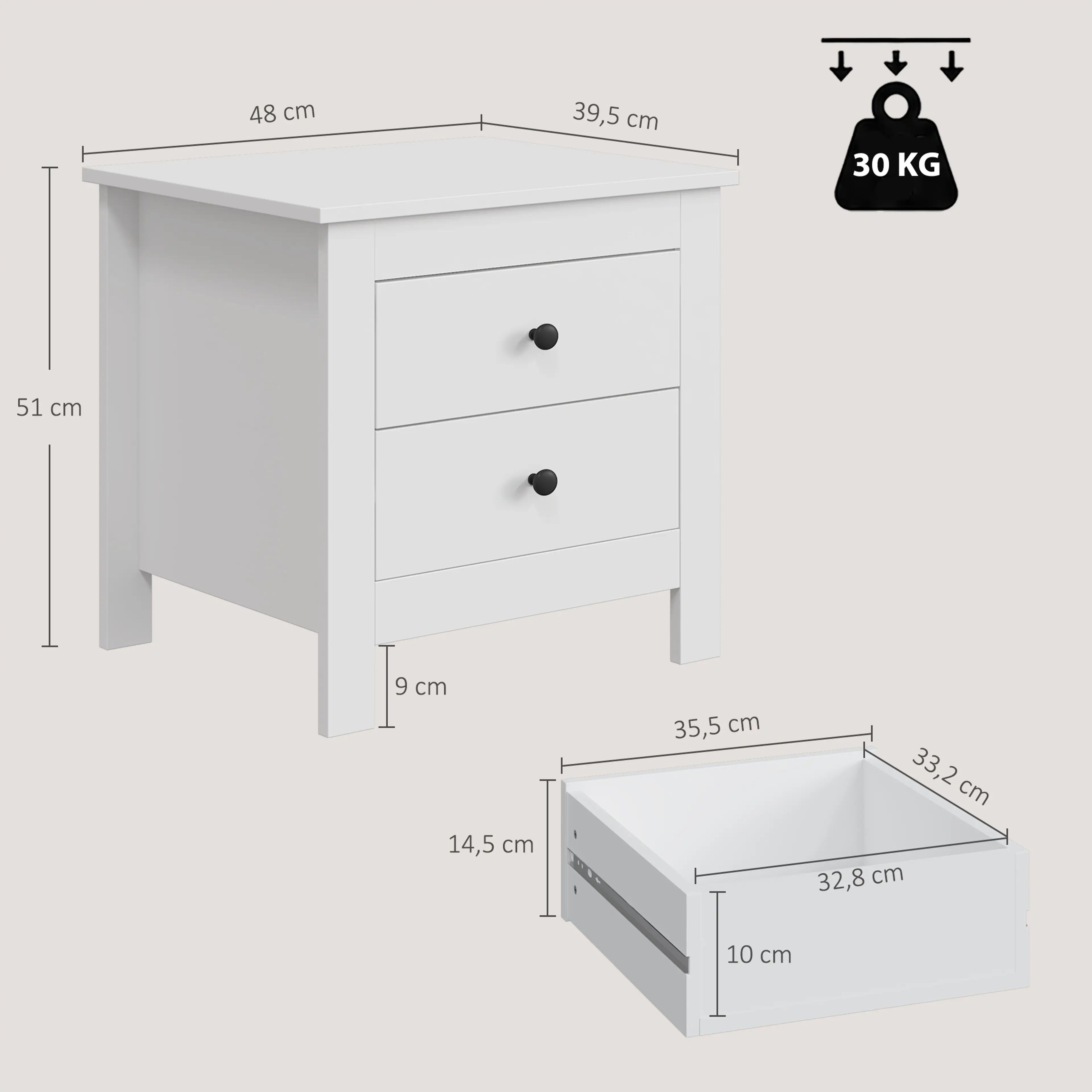 Måttbild: bordet är 48 × 39,5 × 51 cm och bär 30 kg, och lådan är 32,8 × 33,2 × 10 cm invändigt