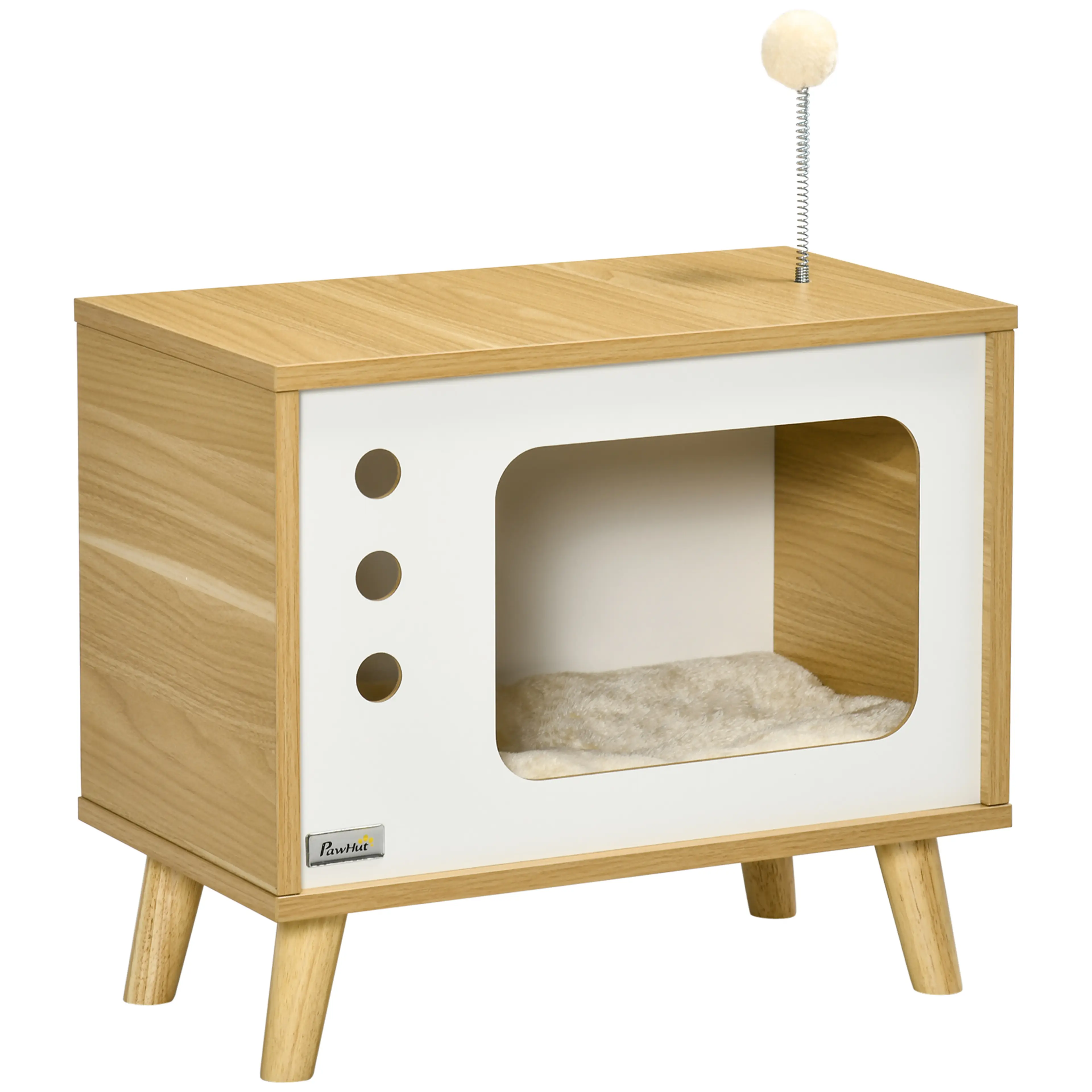 Katthus i TV-design med kudde – mysig kattbädd och sidobord, ek