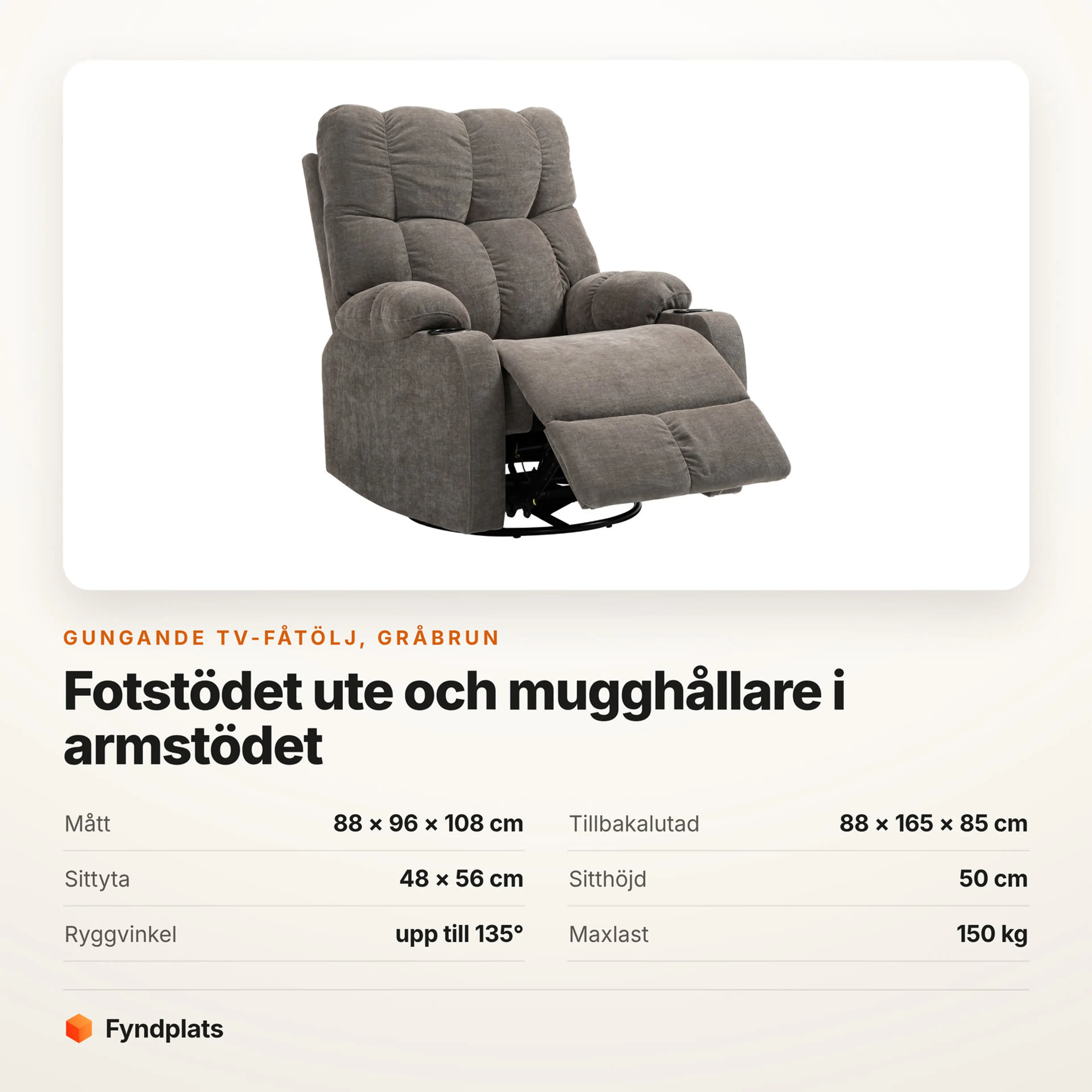 Gungande tv-fåtölj i gråbrun linnelook – Faktakort med mått, sittyta, sitthöjd, ryggvinkel och maxlast