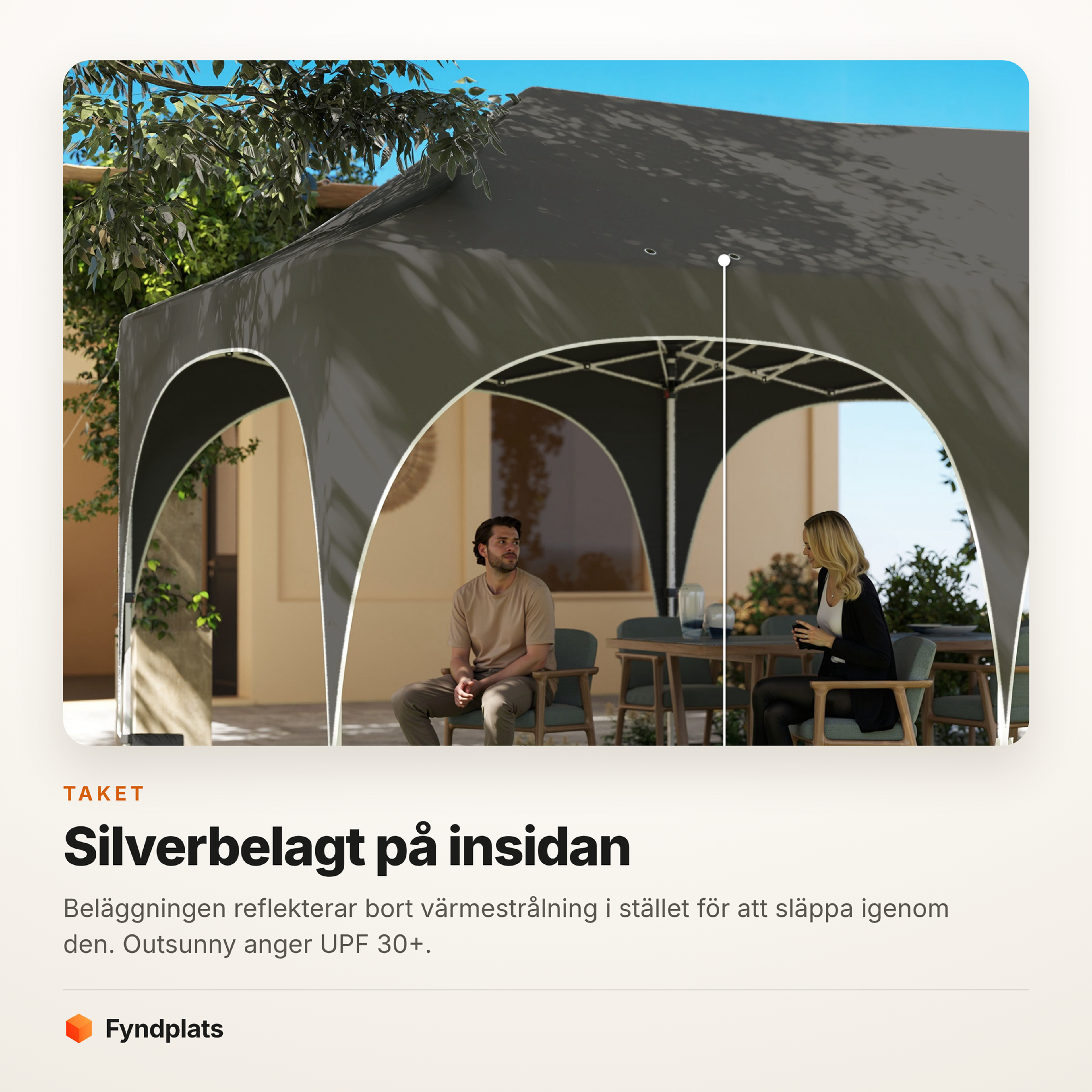 Det mörkgrå tältet sett underifrån där det silverbelagda taket ger skugga