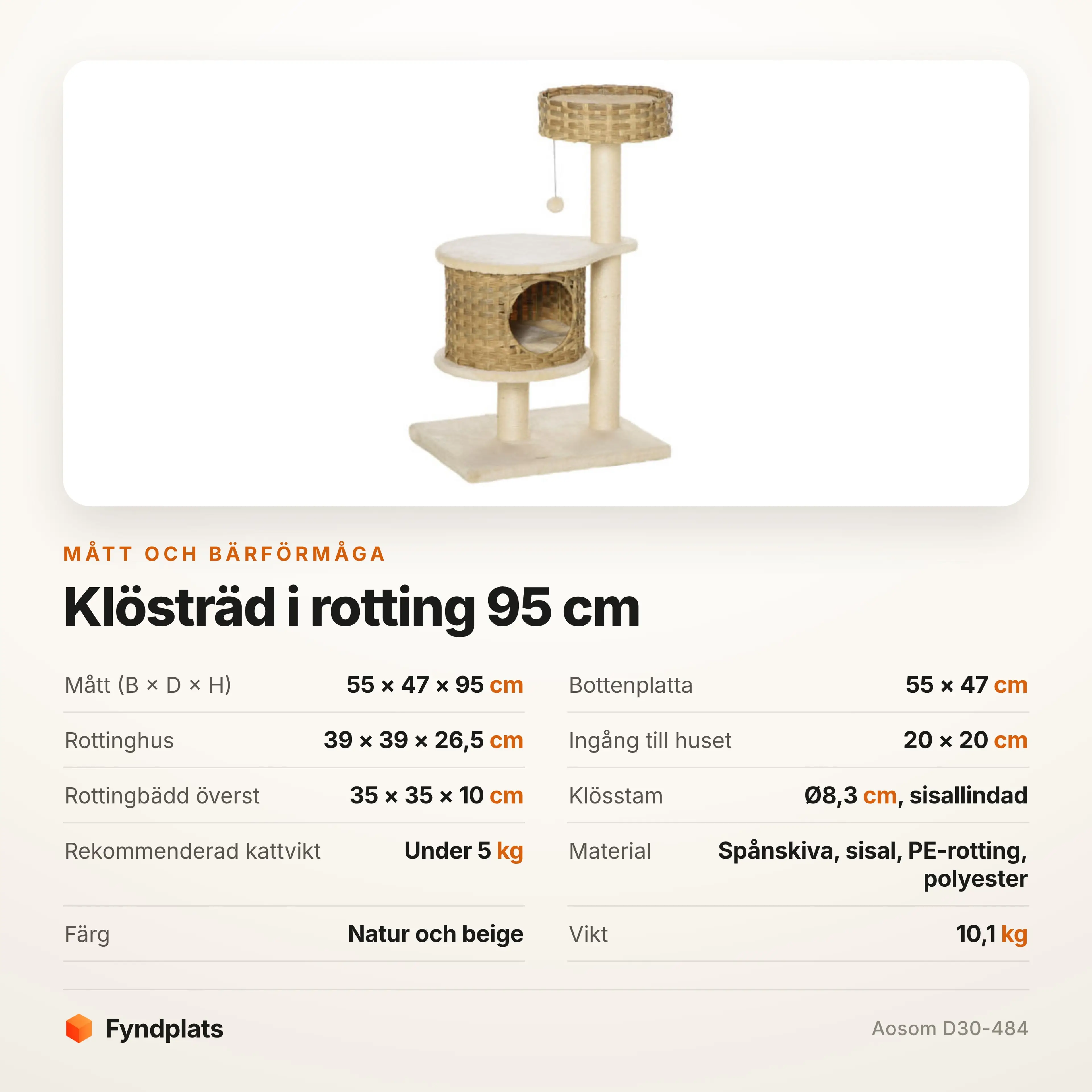 Specifikationskort med mått på hus, korg och klösstam