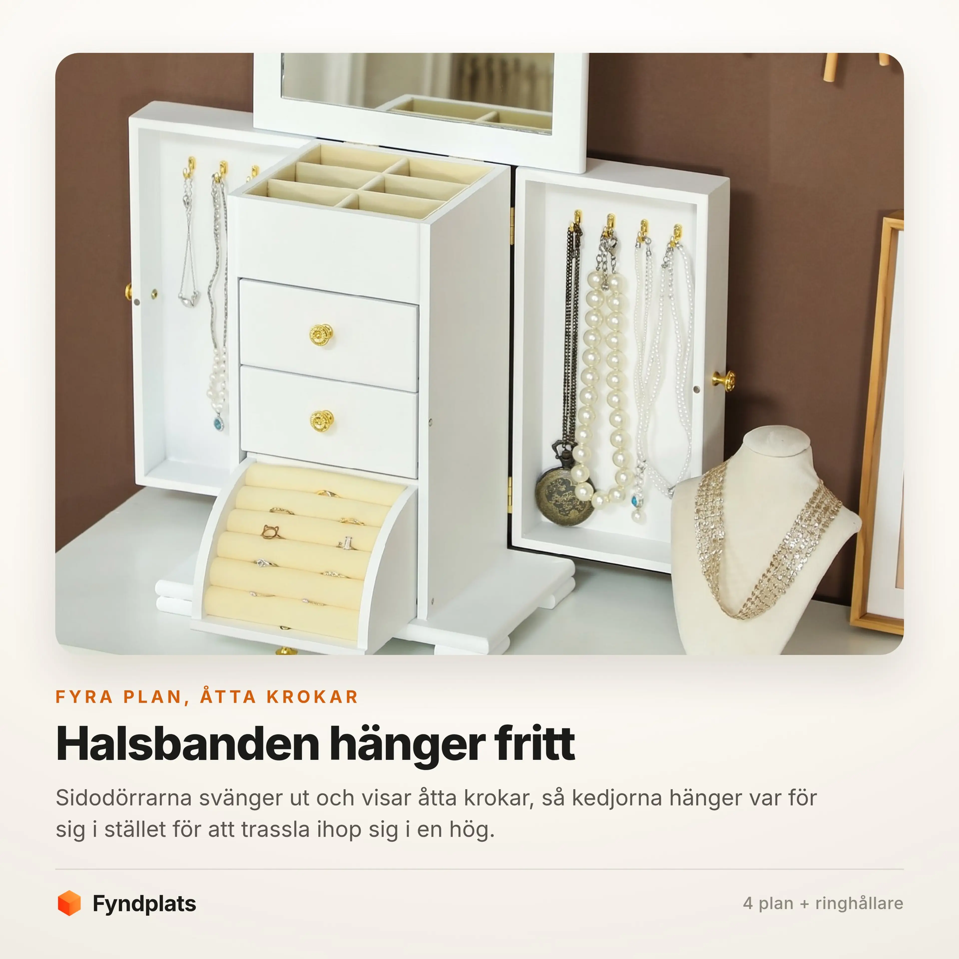 Smyckeskrinets sidodörrar utsvängda med halsband hängande på krokarna