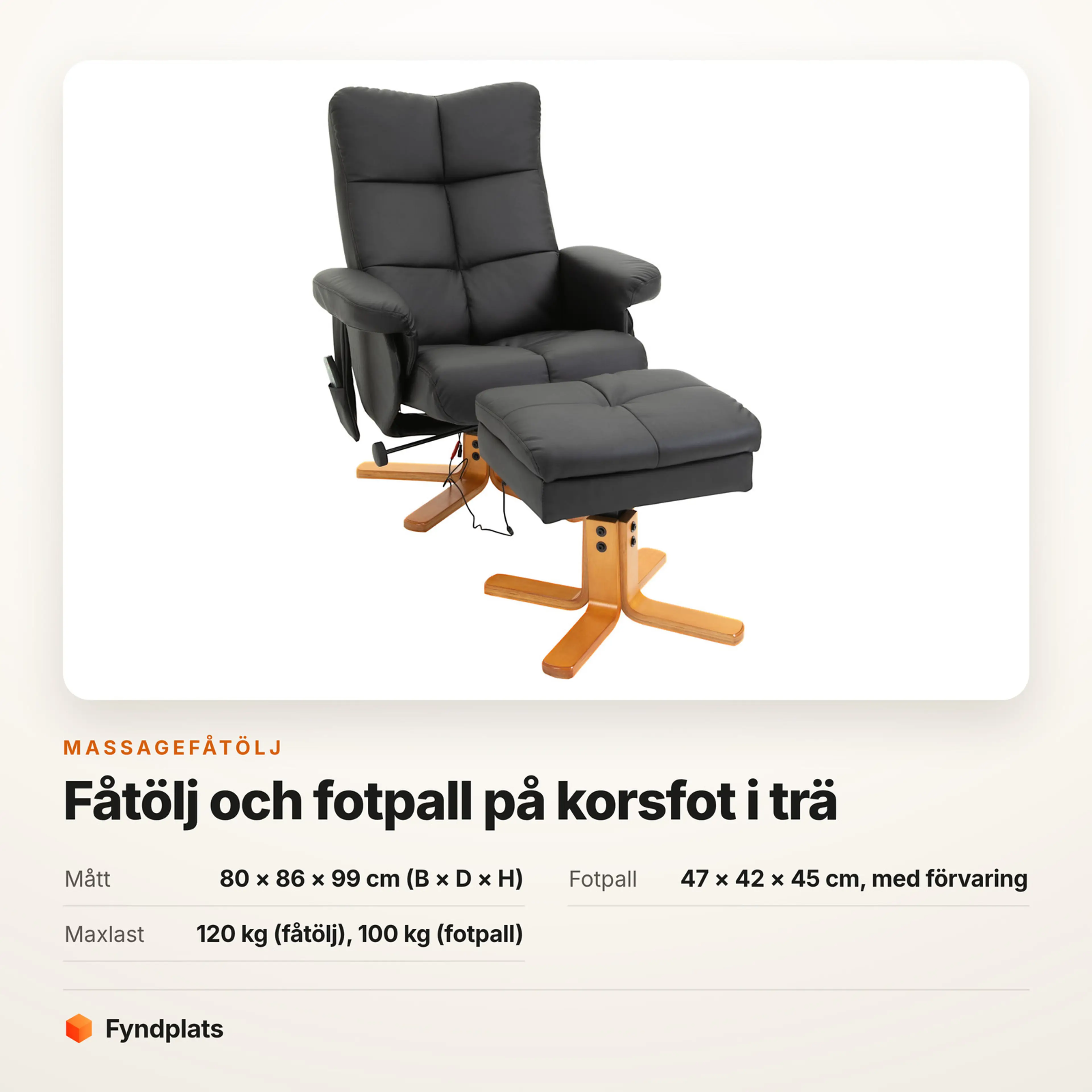 Faktakort: massagefåtölj i konstläder, 80 × 86 × 99 cm och maxlast 120 kg