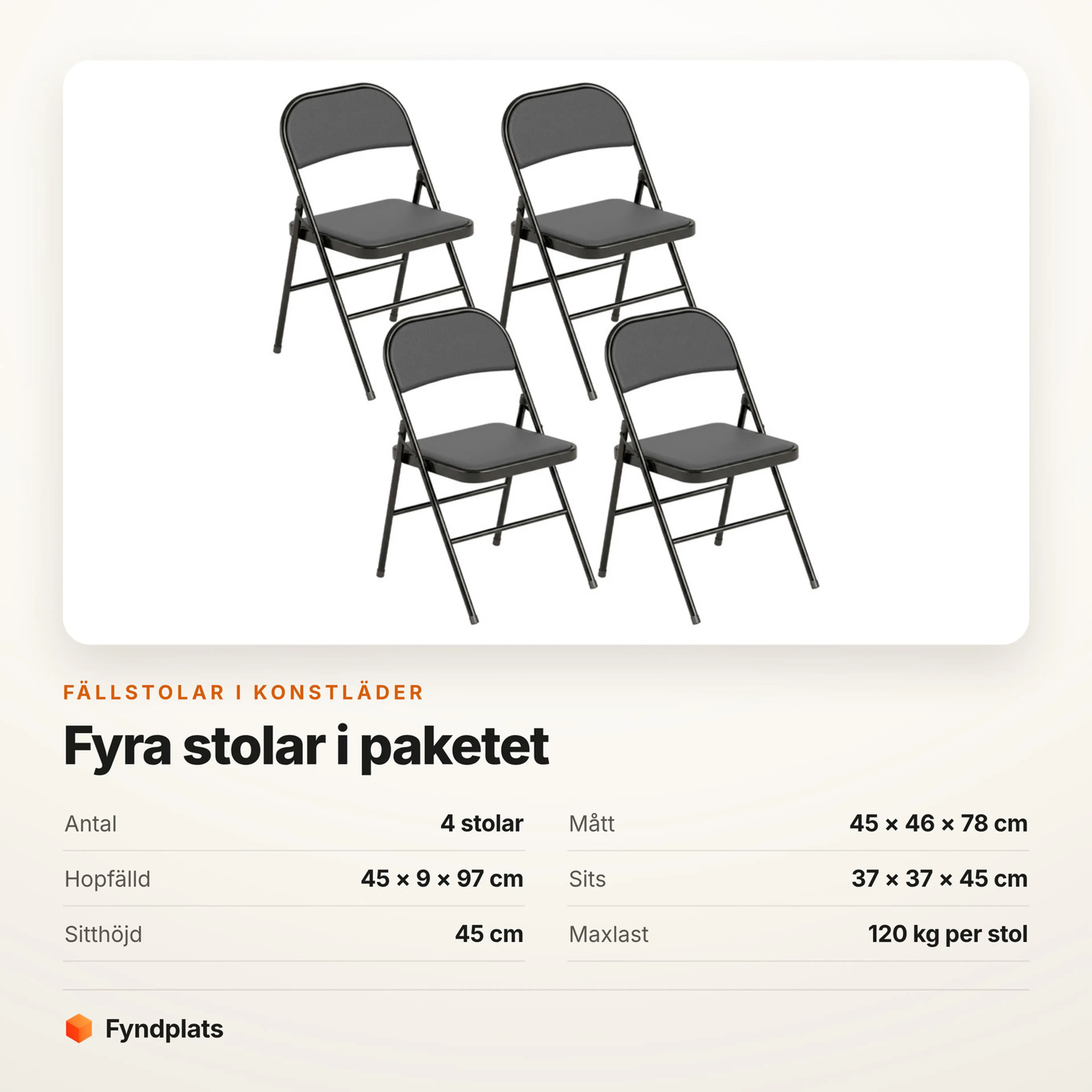 Faktakort: fällstolar 4-pack i konstläder, mått och maxlast