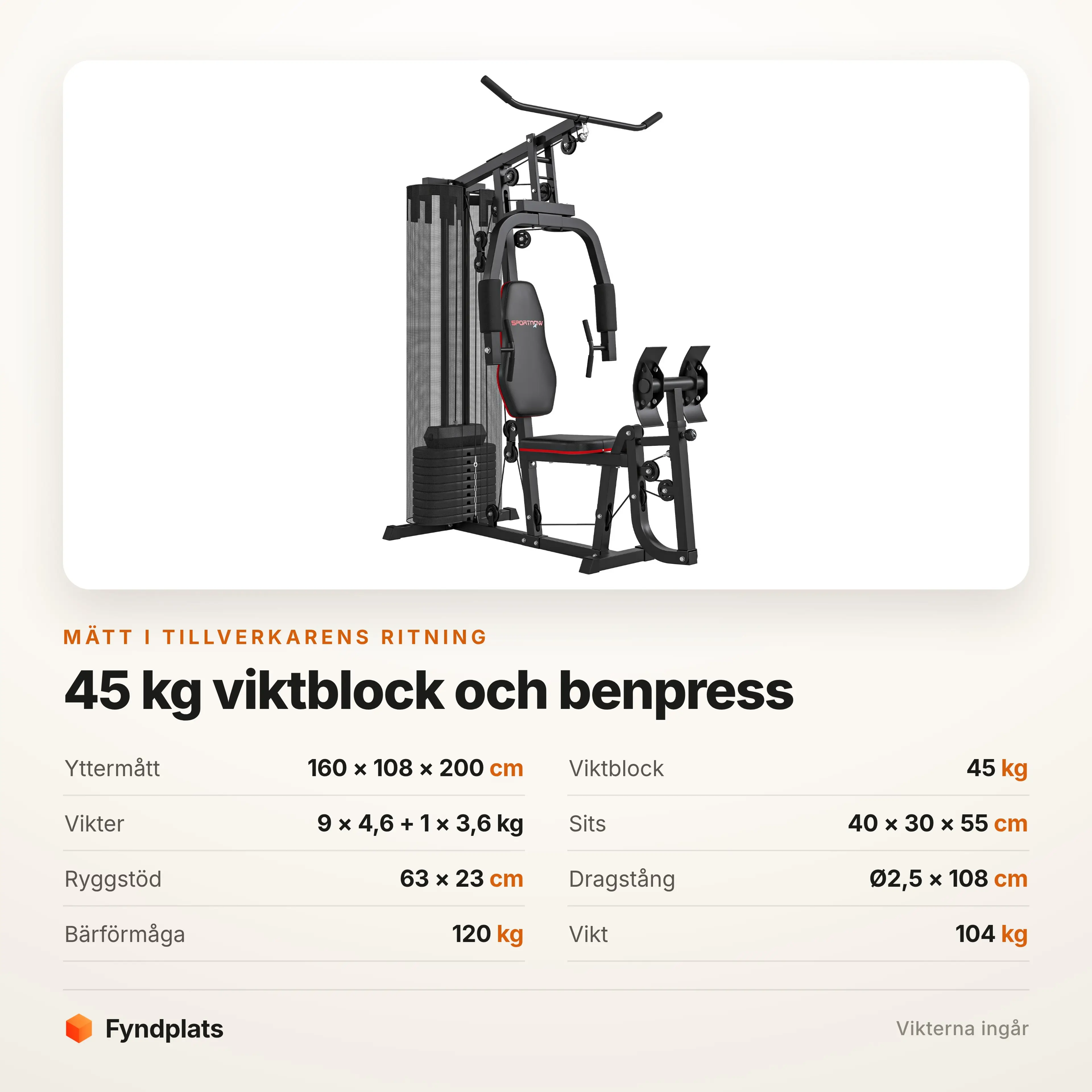 Specifikationer: 160 × 108 × 200 cm, 45 kg viktblock, bär 120 kg