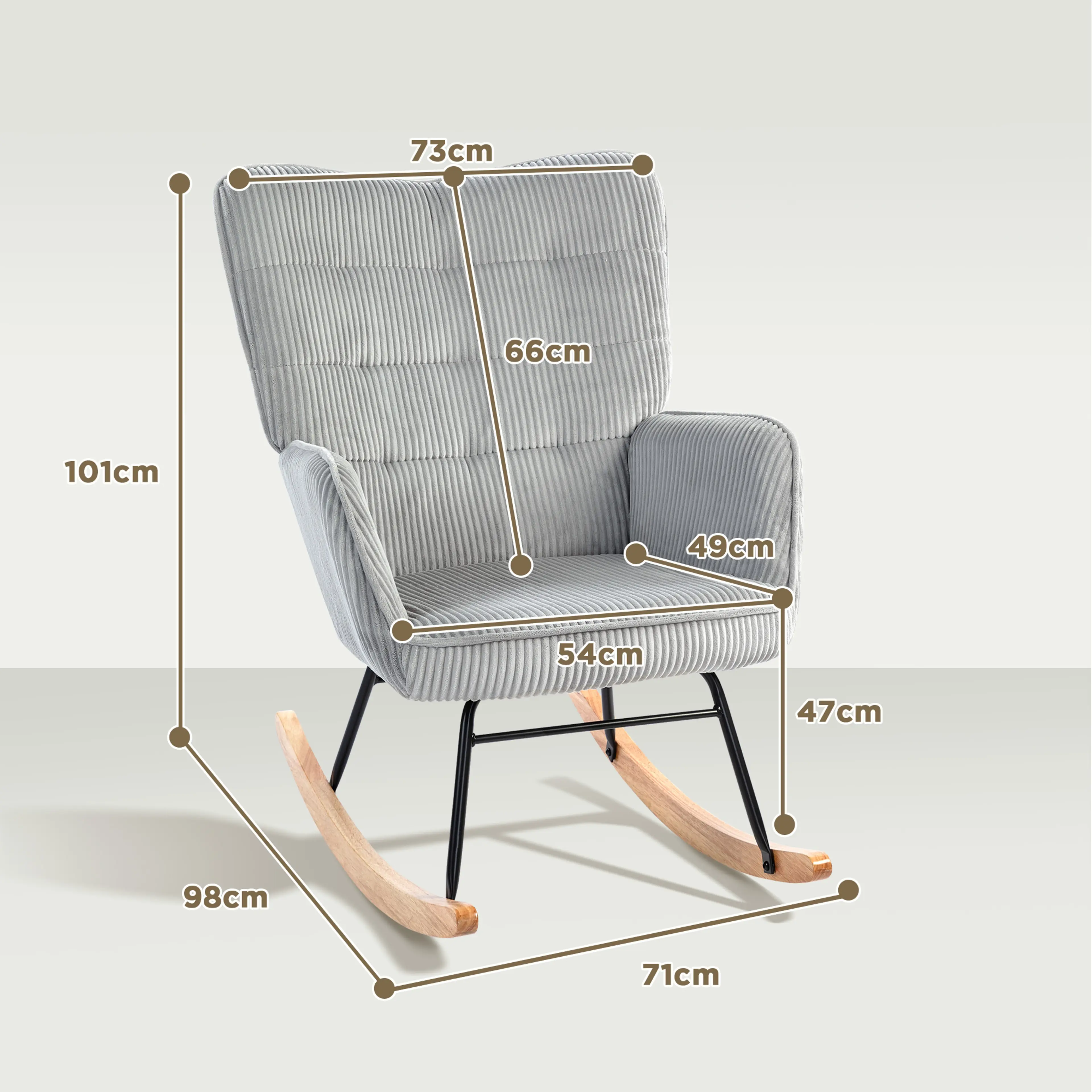 Måttskiss: 98 × 71 cm golvyta, 101 cm höjd, rygg 73 × 66 cm