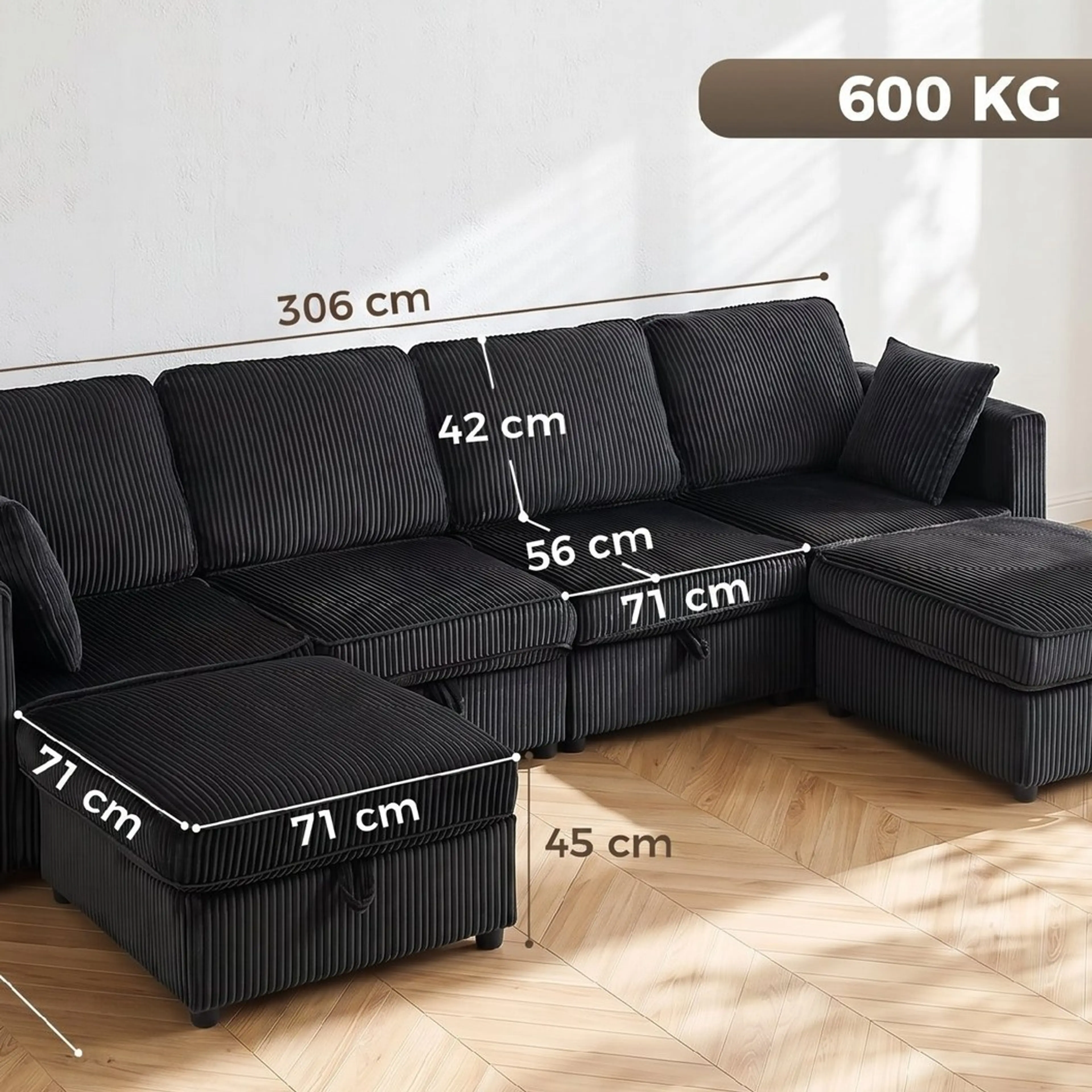 Måttritning: 306 × 153 × 85 cm, sittdjup 56 cm och pallar 71 × 71 × 45 cm
