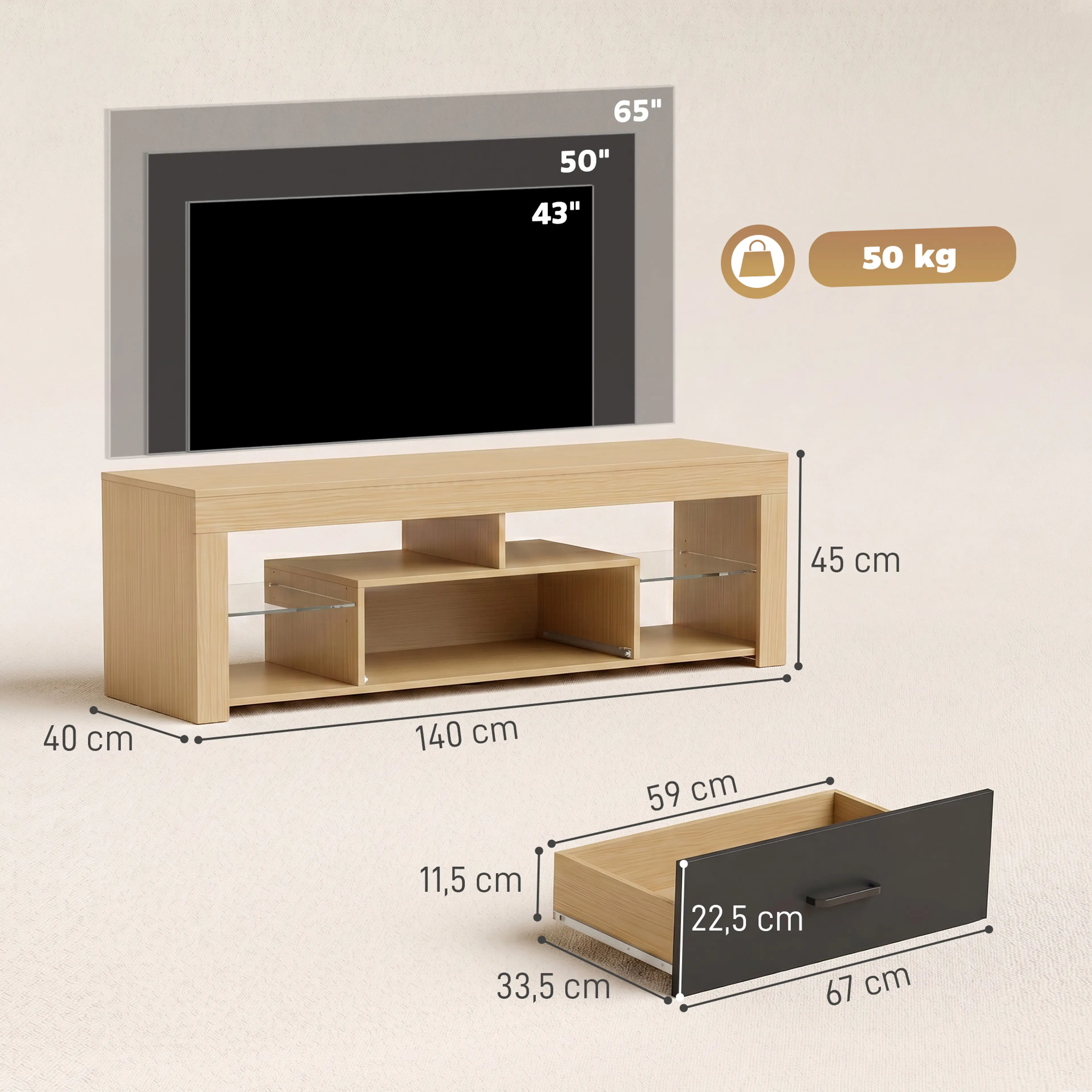 TV-bänk i ek med glashylla, 140 cm – bild 4