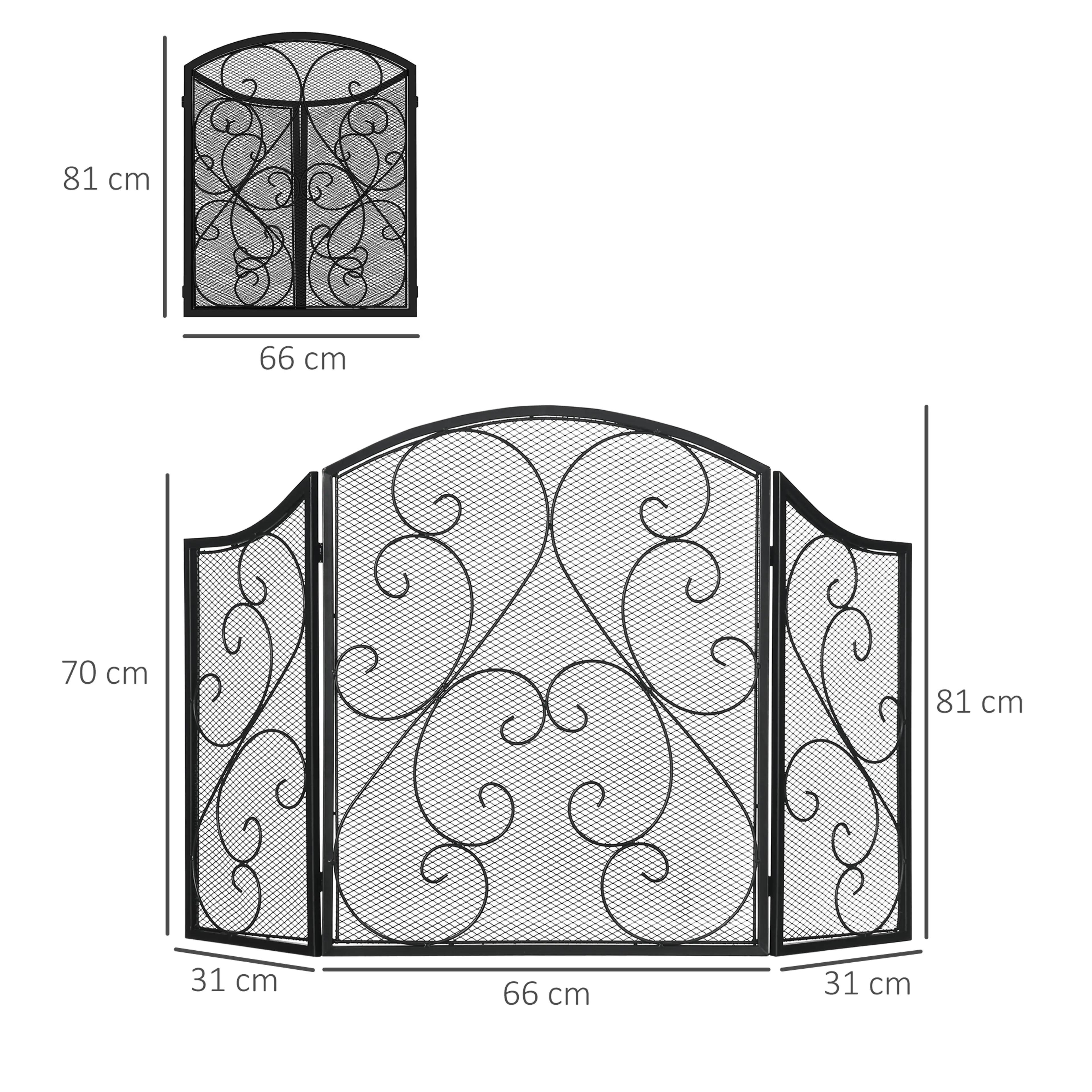 Måttskiss som visar huvudpanel 66 × 81 cm och sidopaneler 31 × 70 cm