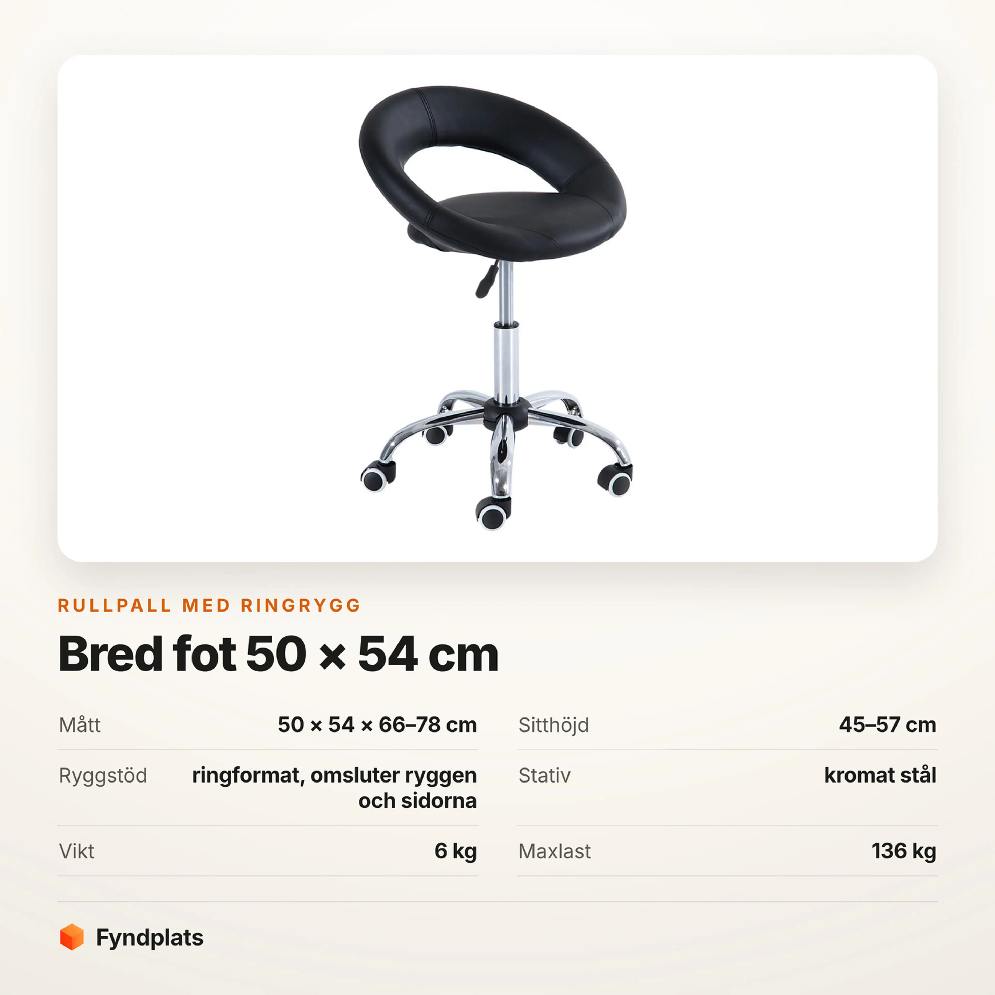 Faktakort från Fyndplats: rullpall med ringrygg, mått och maxlast