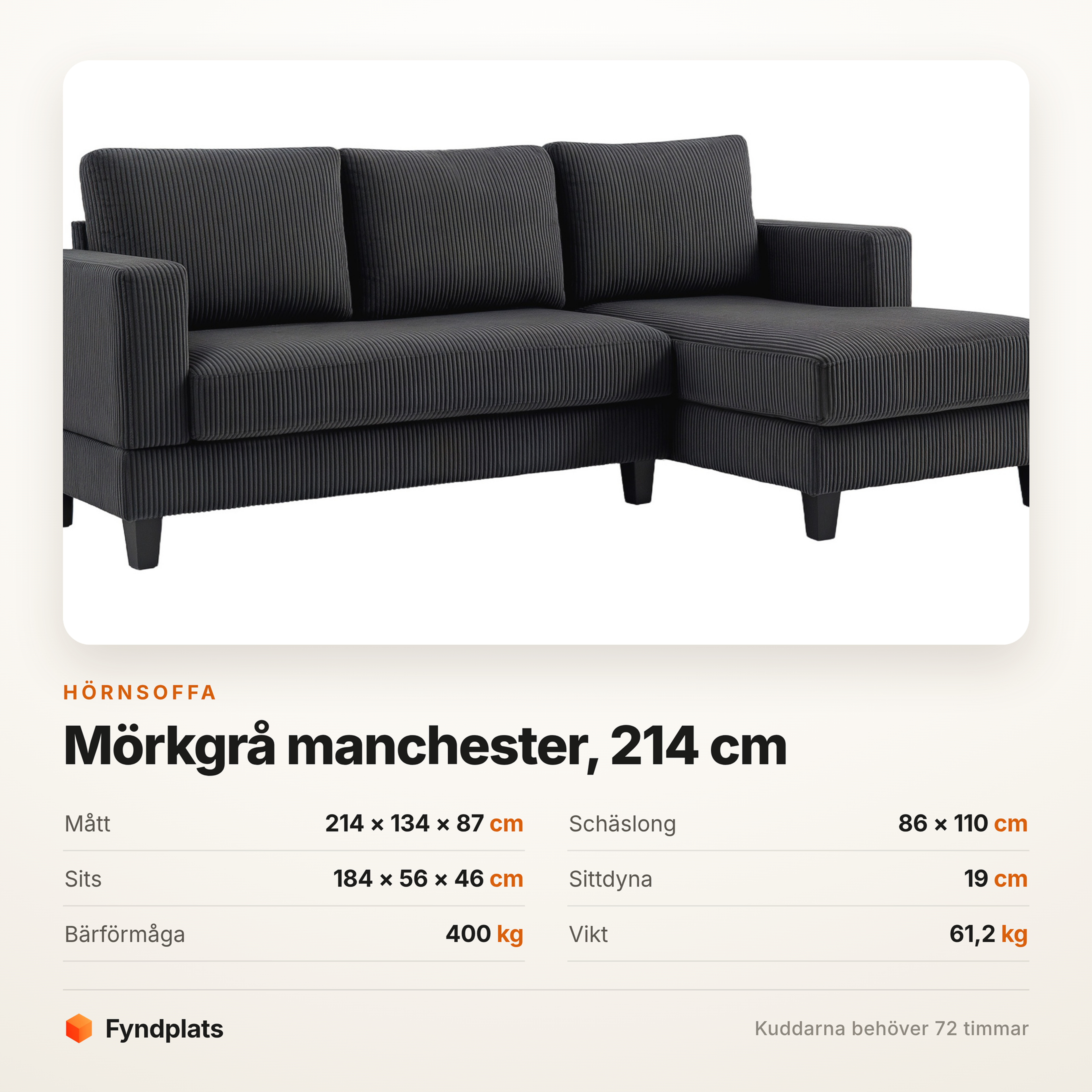Hörnsoffa mörkgrå 214 cm i manchester – schäslong 110 cm, bär 400 kg – bild 5