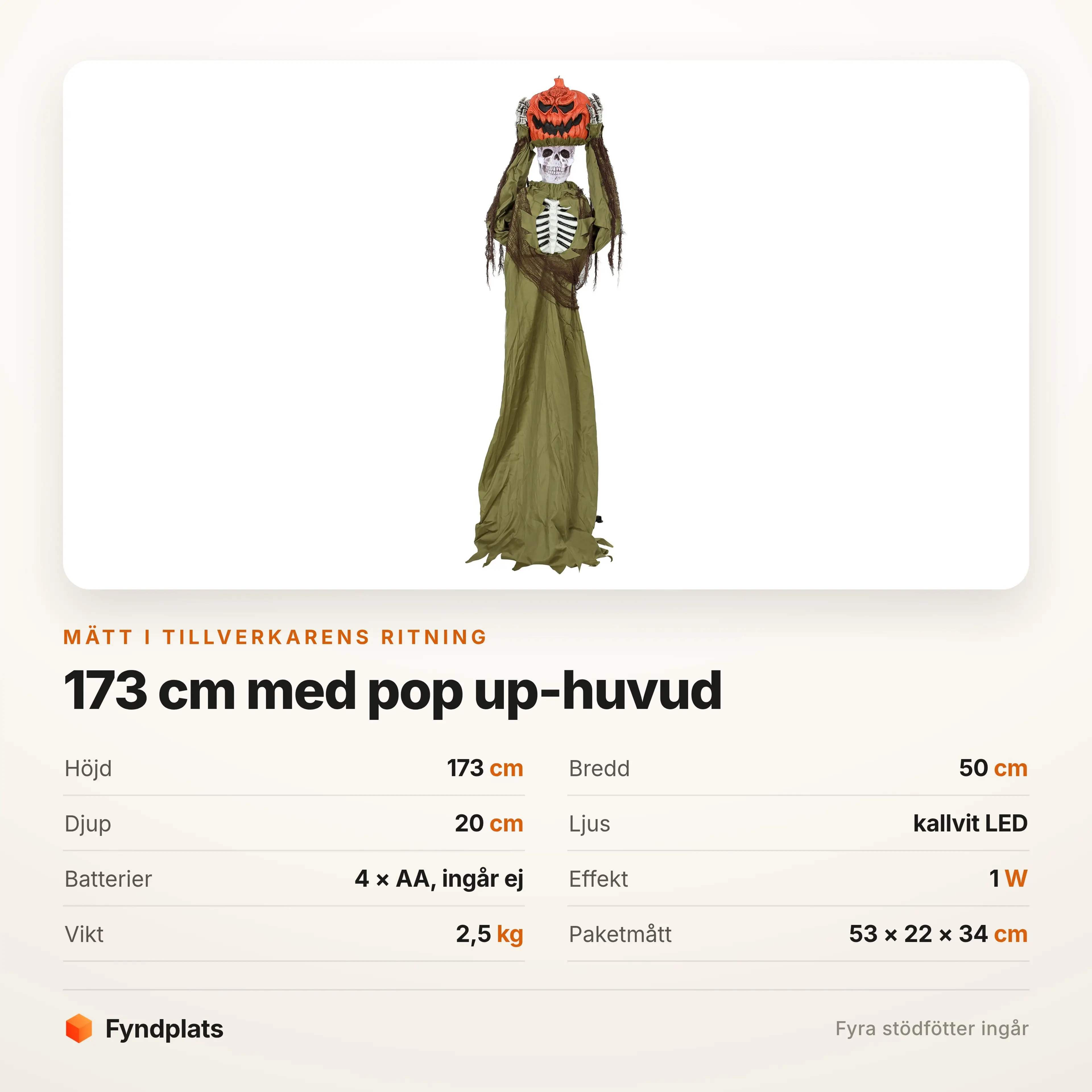 Specifikationer: 173 cm hög, kallvit LED, 4 × AA-batterier