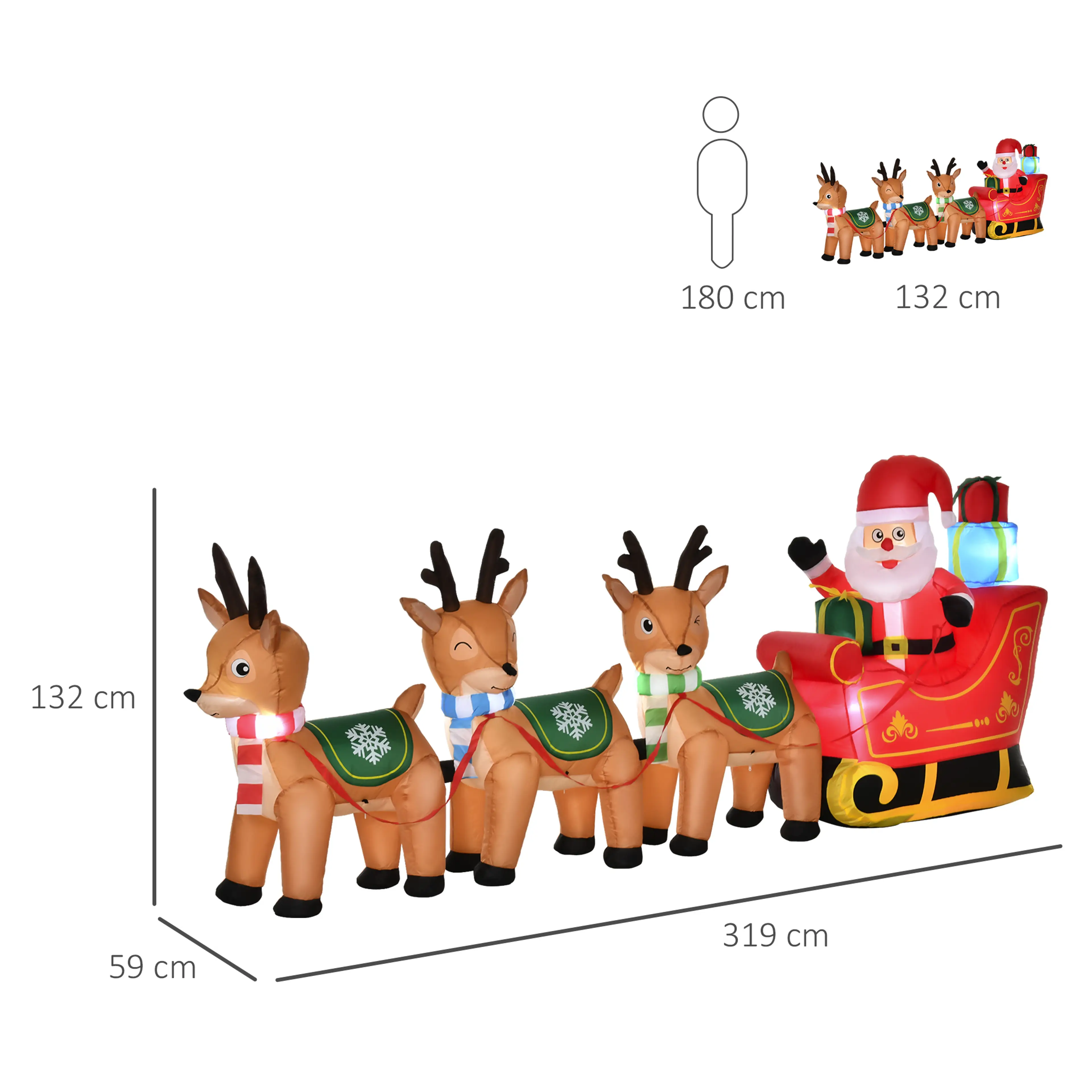 Måttbild: figuren är 319 cm lång, 59 cm djup och 132 cm hög