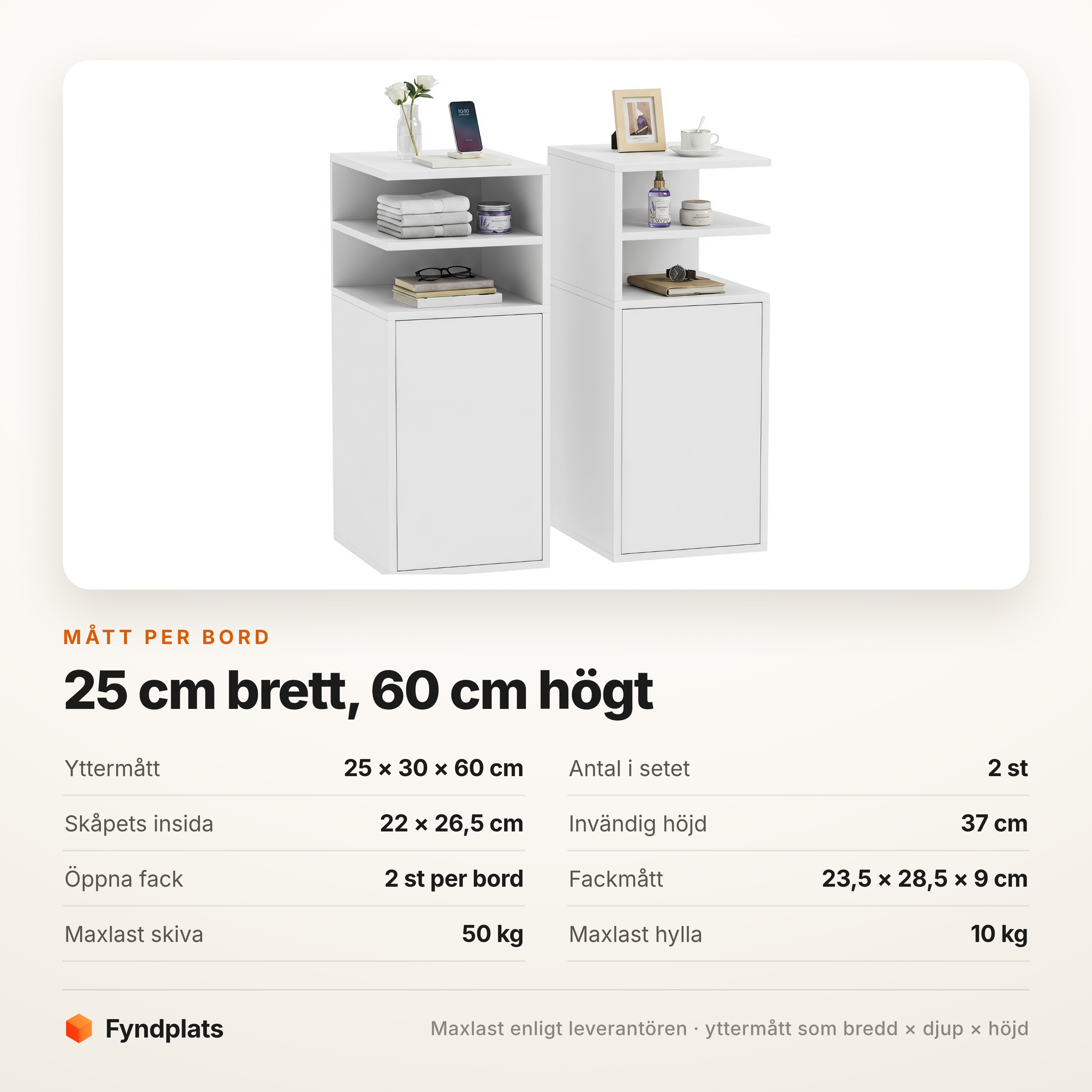 Specifikationskort med nattduksbordens mått, fack och maxlast