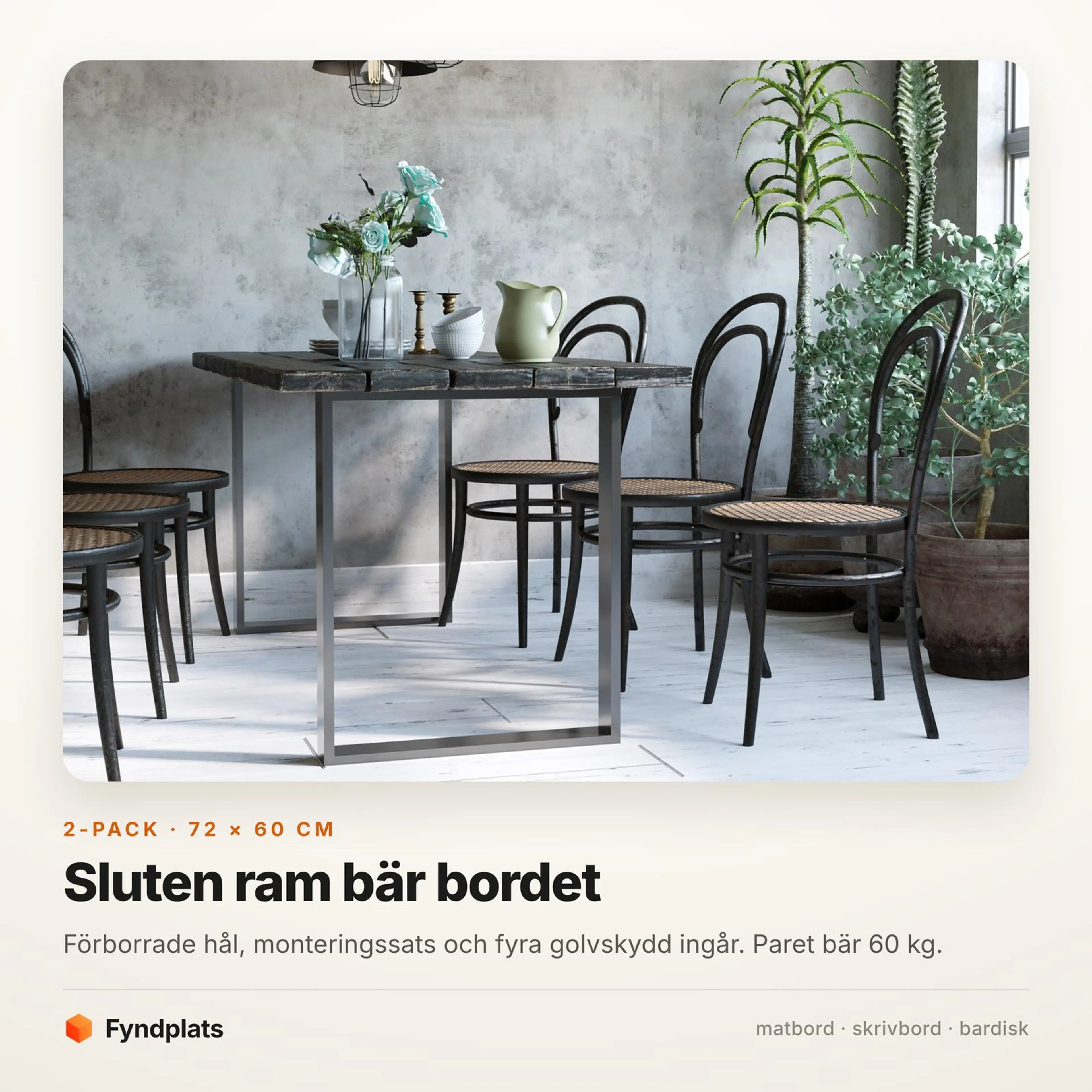 Faktakort: slutna stålramar 72 × 60 cm, paret bär 60 kg