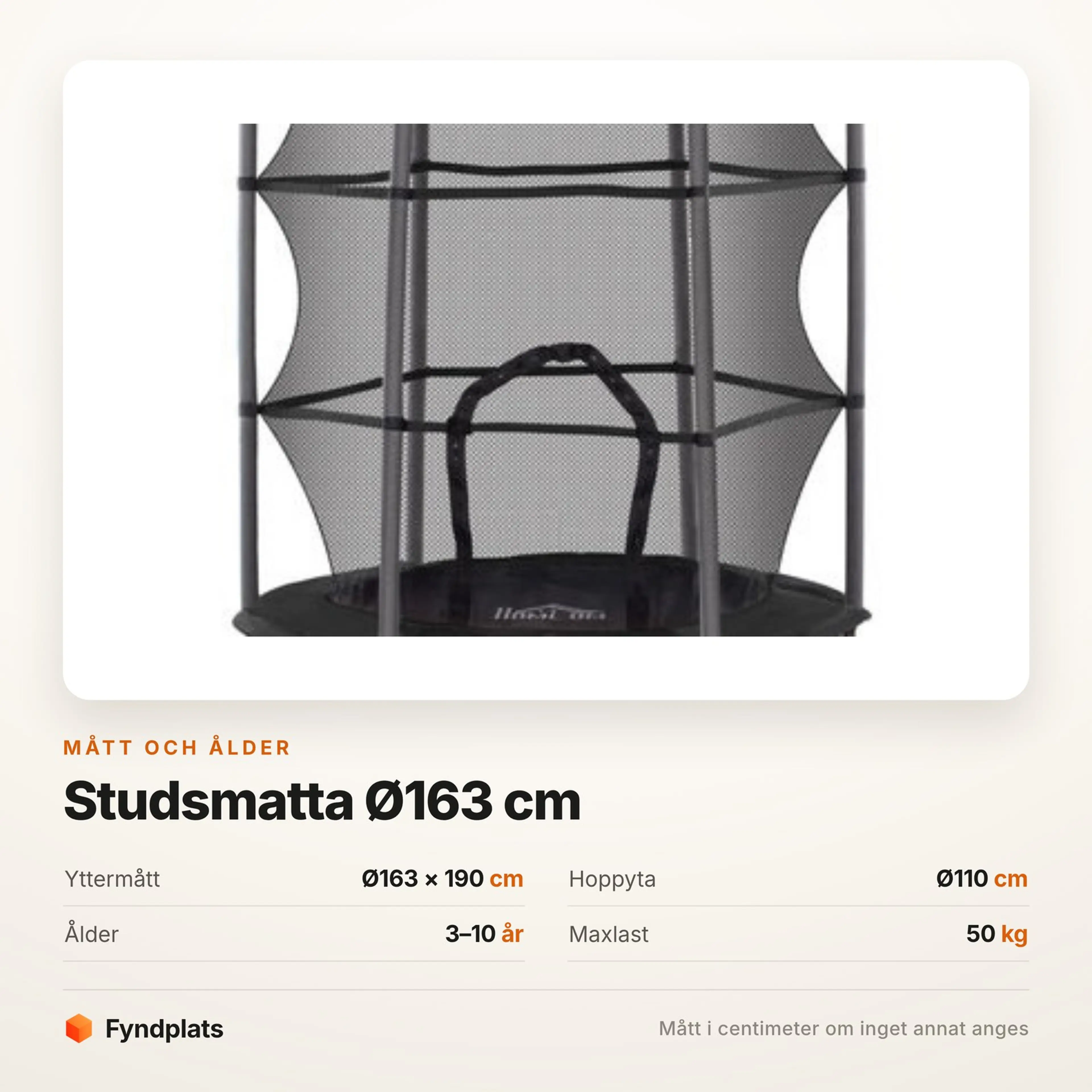 Faktakort: studsmattan Ø163 × 190 cm, hoppyta Ø110 cm, ålder 3–10 år och maxlast 50 kg