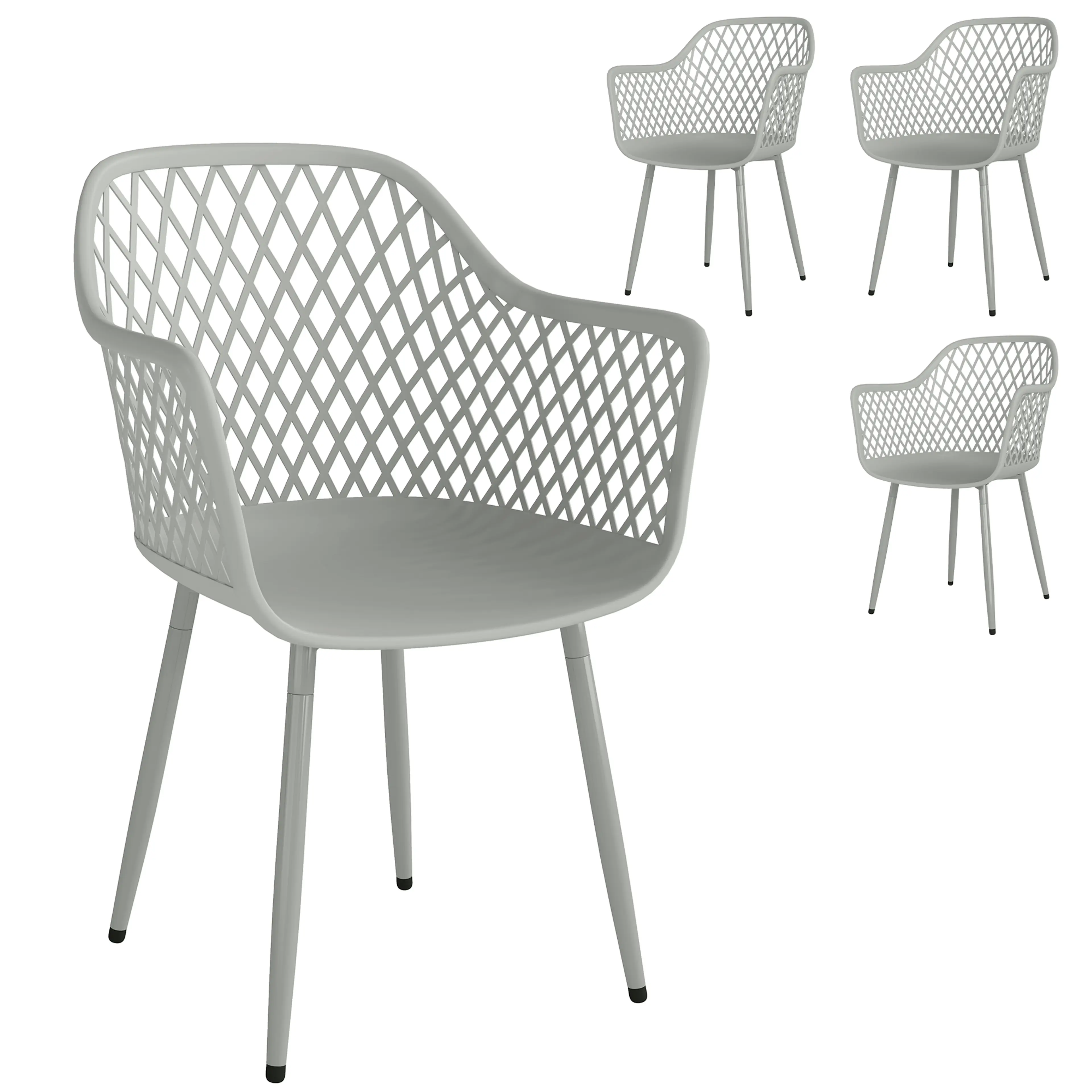 Fyra trädgårdsstolar i plast med armstöd och metallben – 56 × 51 × 84 cm