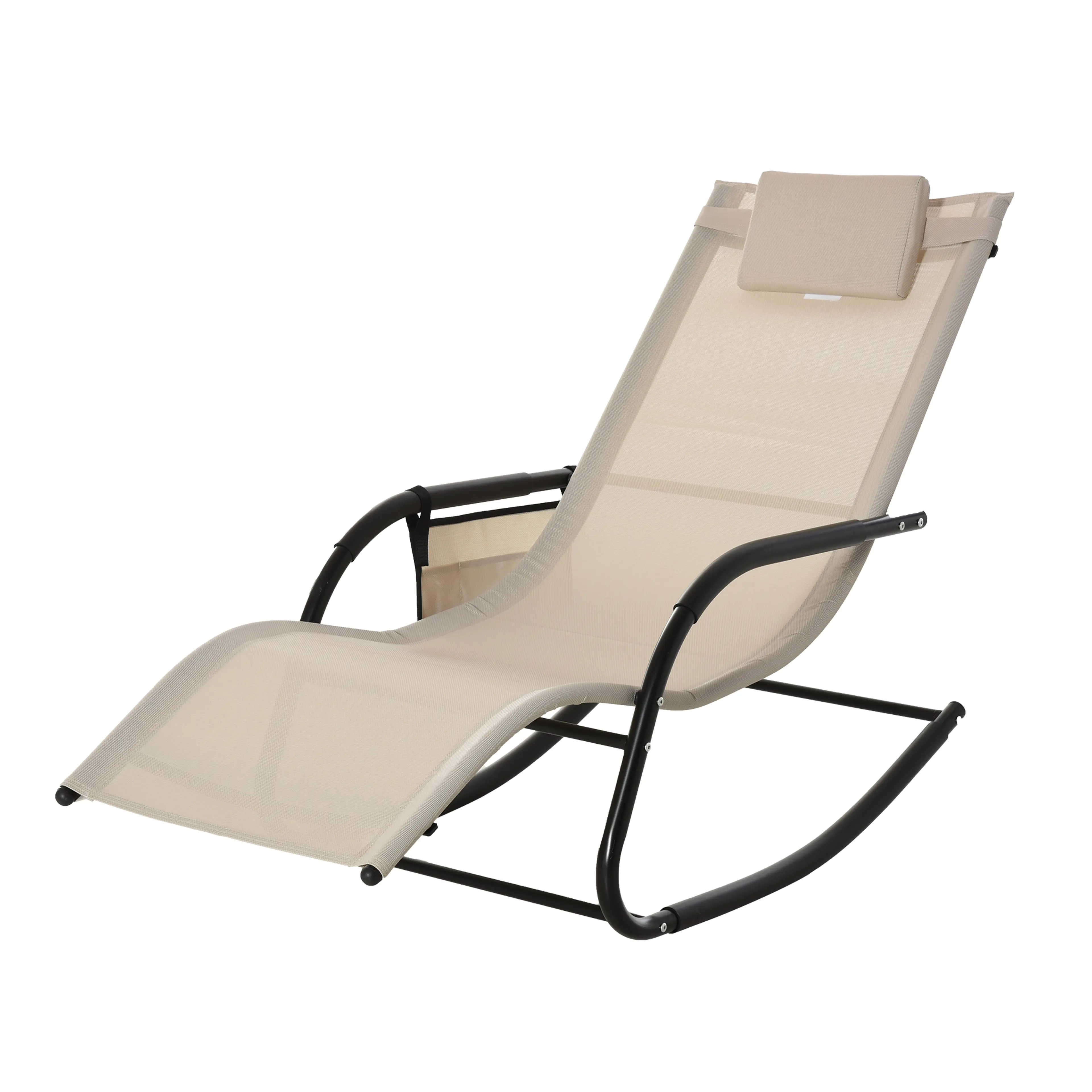 Gungande liggstol med beige mesh, svart metallram och en nackkudde, sedd från sidan mot vit bakgrund