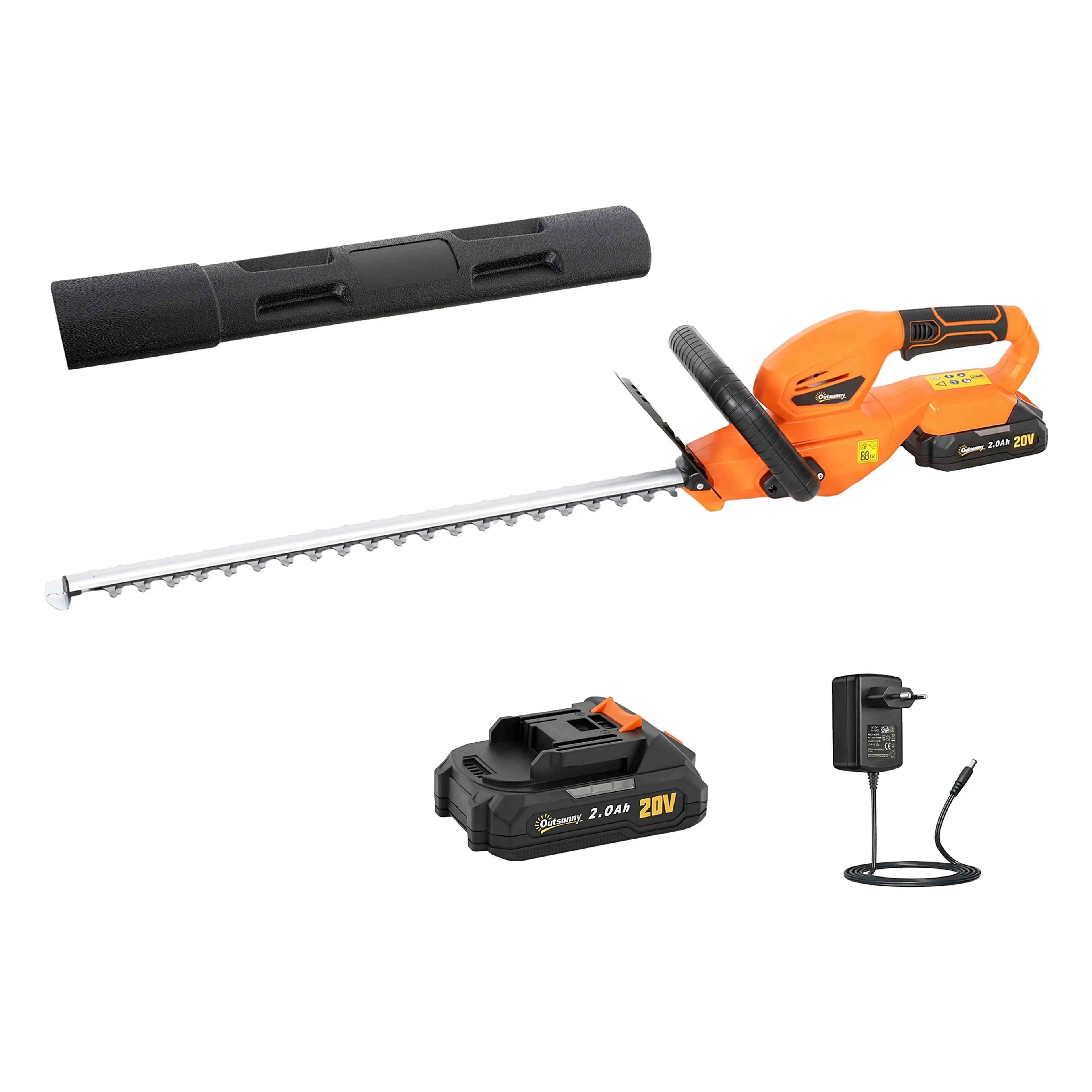 Batteridriven häcksax i orange med skyddsfodral, batteri och laddare